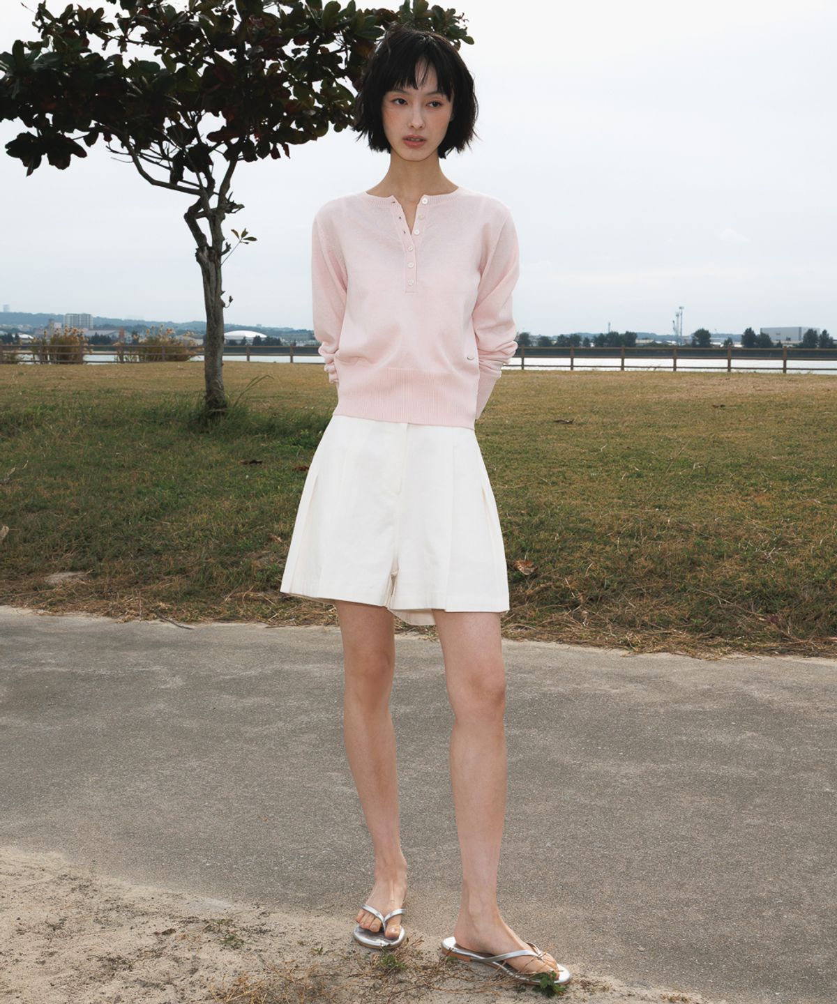 드헤베(DEHEVE) Summer Henley Neck Knit [Pink]
