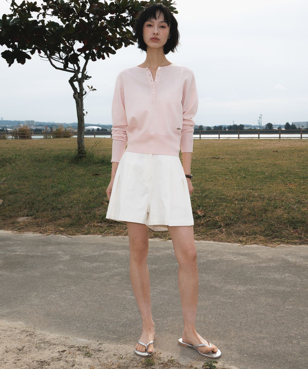 드헤베(DEHEVE) Summer Henley Neck Knit [Pink]