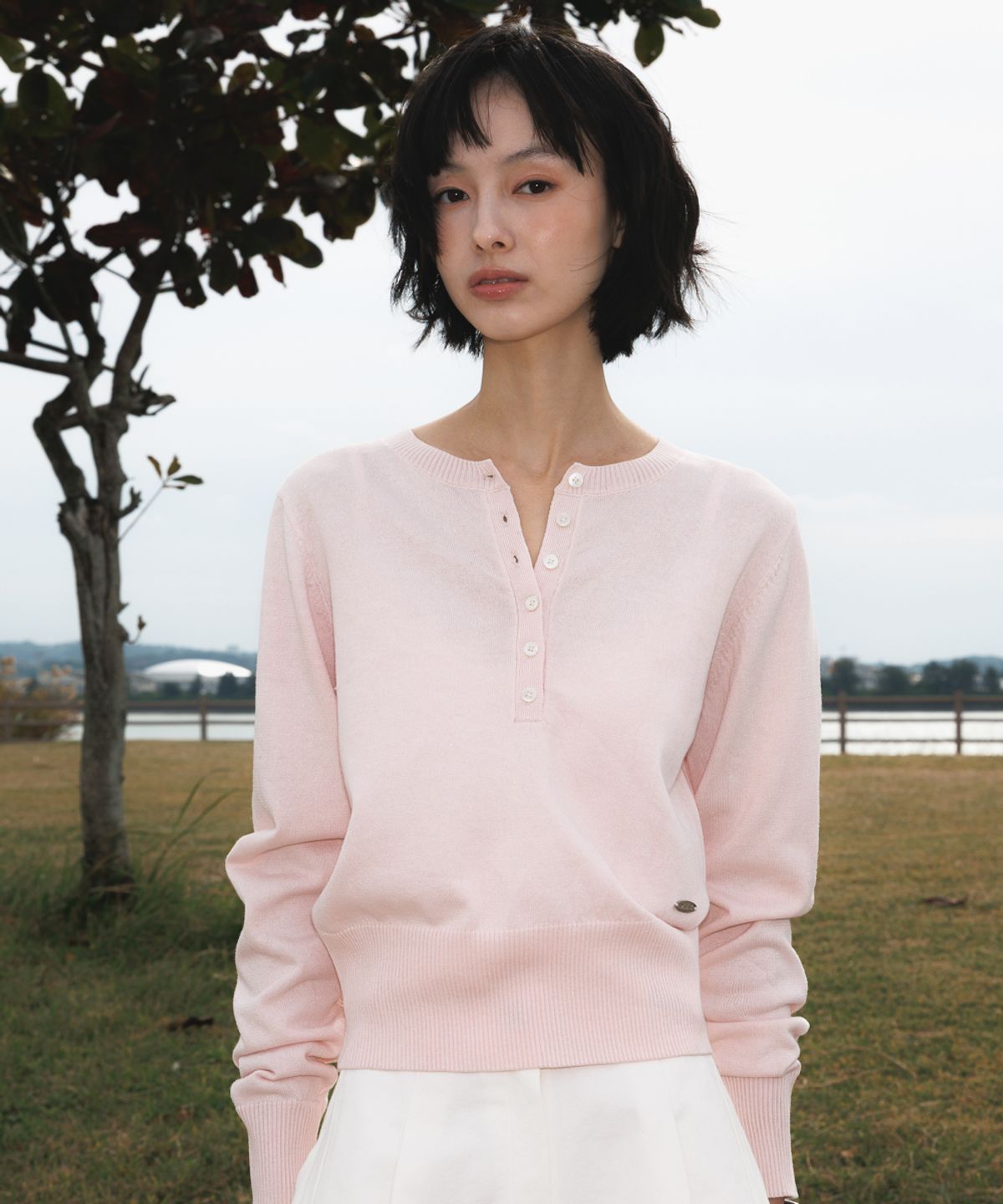 드헤베(DEHEVE) Summer Henley Neck Knit [Pink]