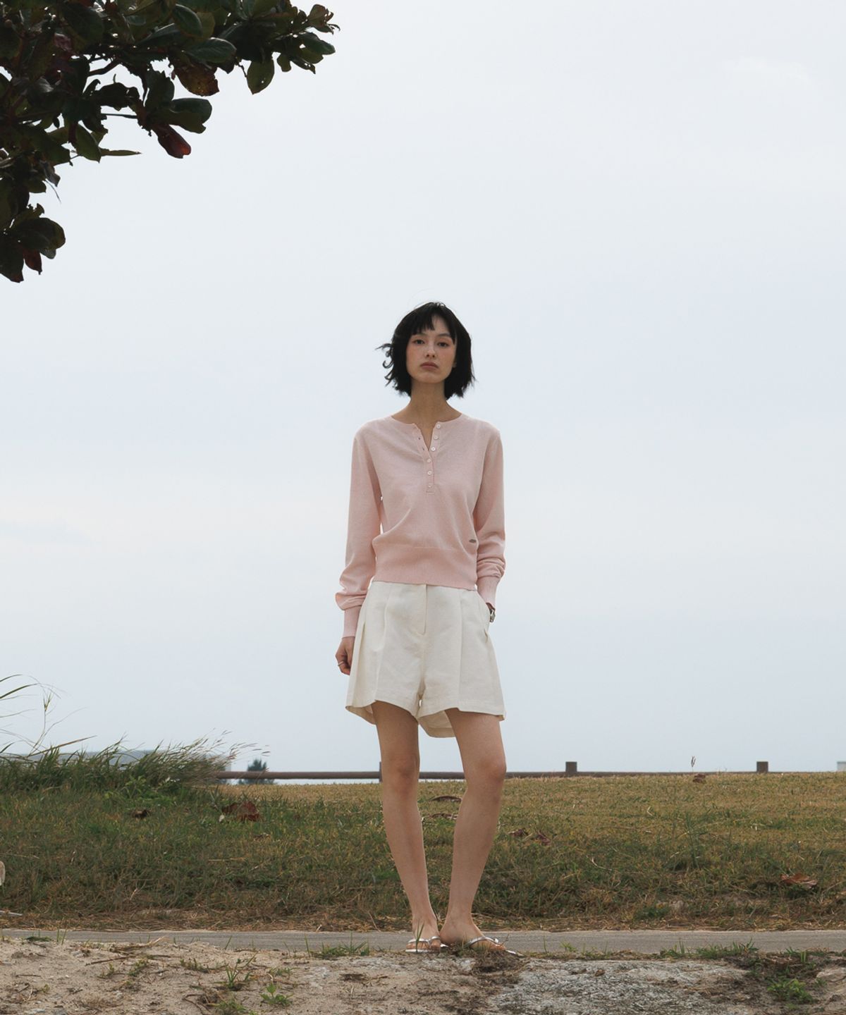 드헤베(DEHEVE) Summer Henley Neck Knit [Pink]