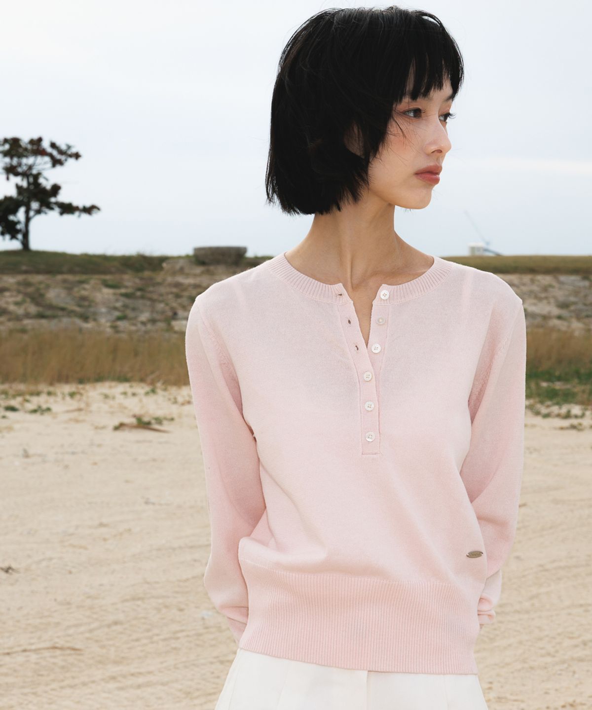 드헤베(DEHEVE) Summer Henley Neck Knit [Pink]