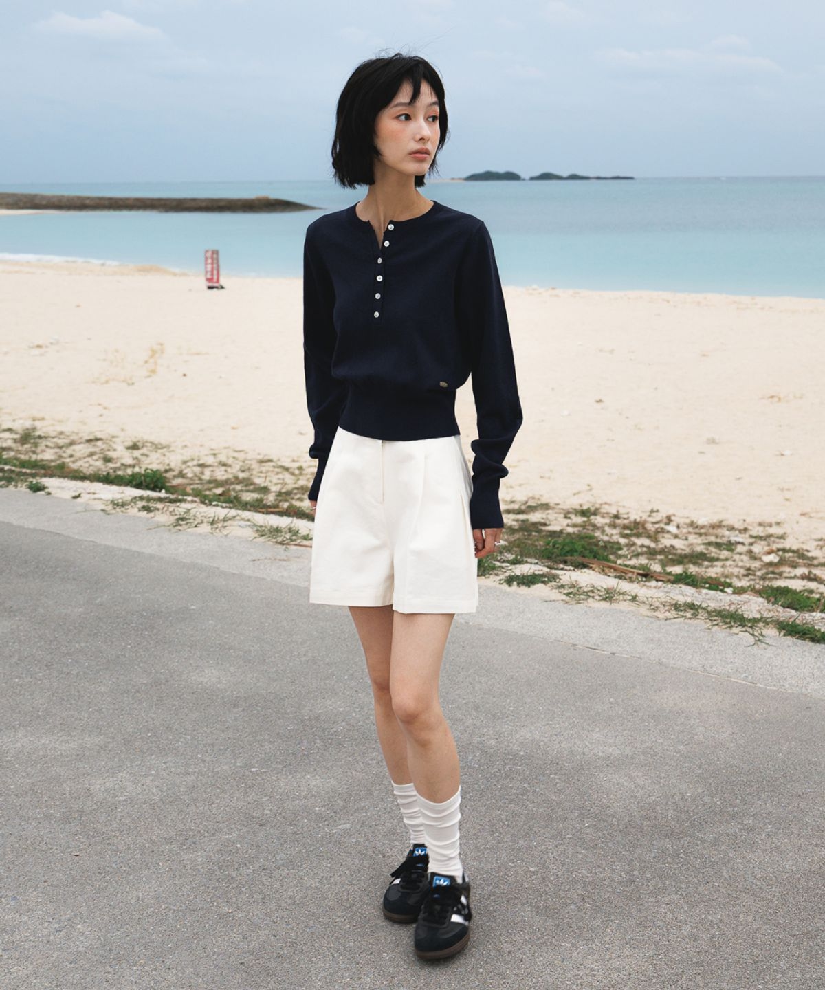 드헤베(DEHEVE) Summer Henley Neck Knit [Navy]