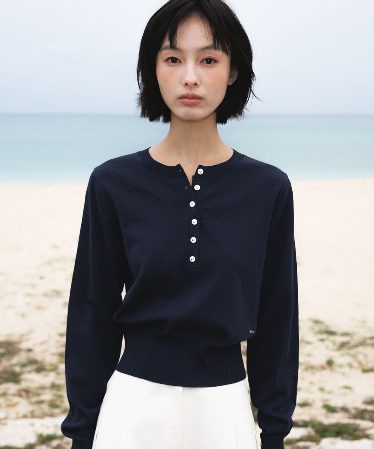 드헤베(DEHEVE) Summer Henley Neck Knit [Navy]