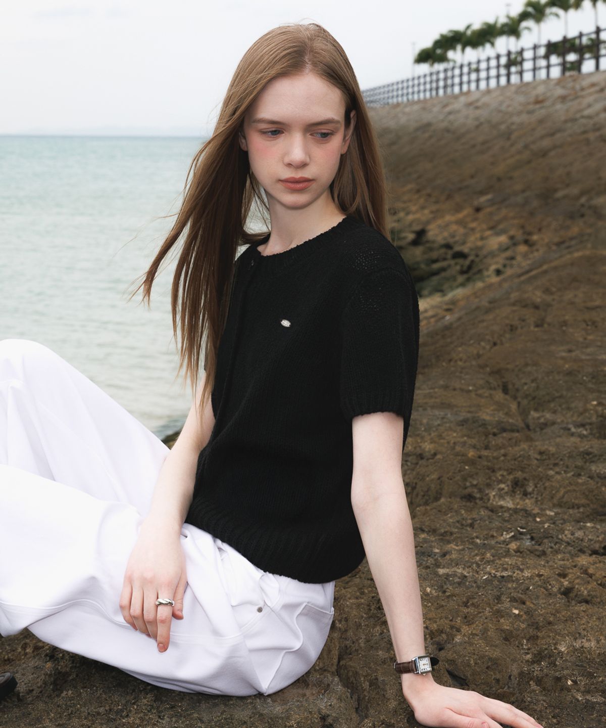 드헤베(DEHEVE) Boucle Short Sleeve Cardigan [Black]