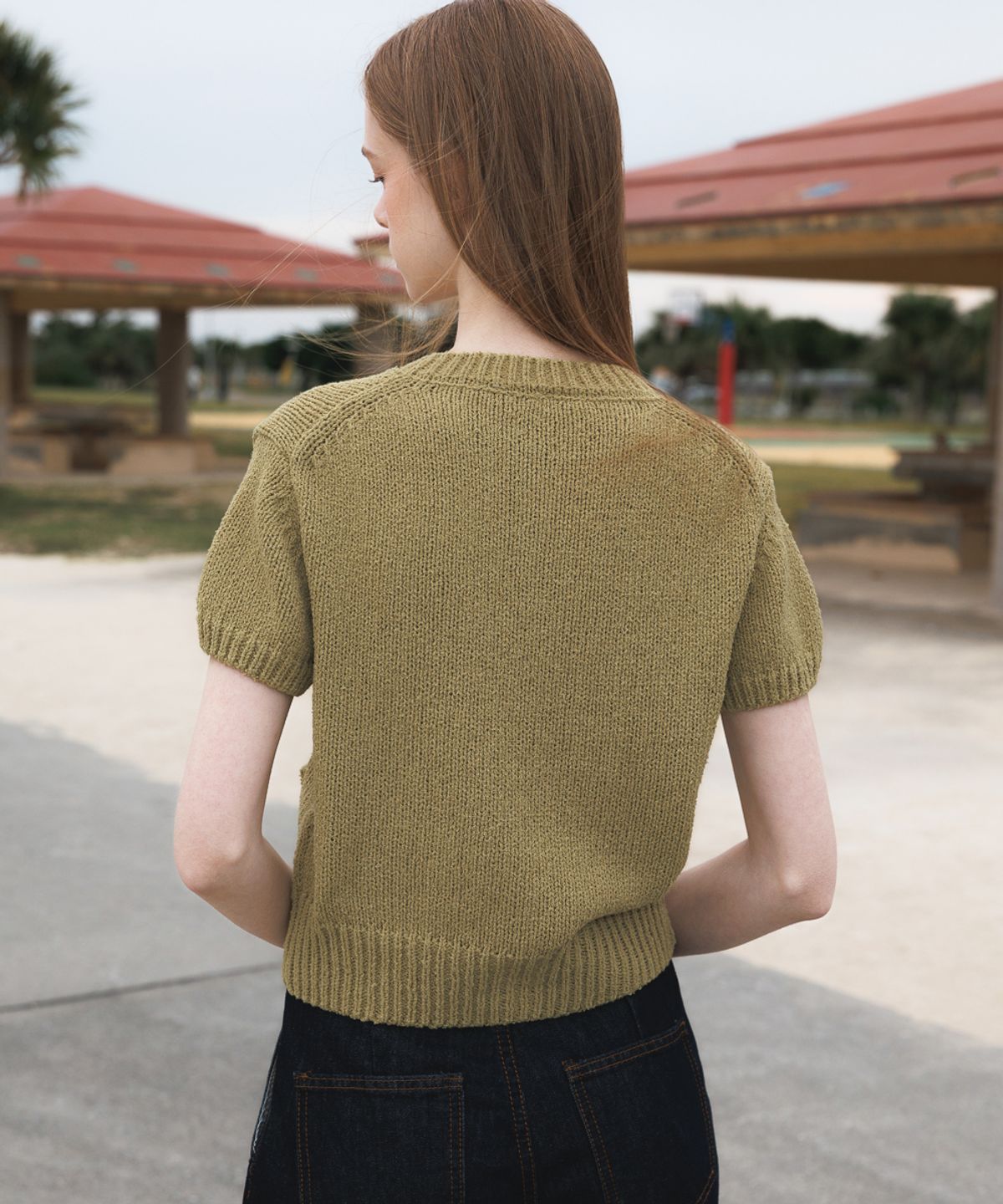 드헤베(DEHEVE) Boucle Short Sleeve Cardigan [Olive]