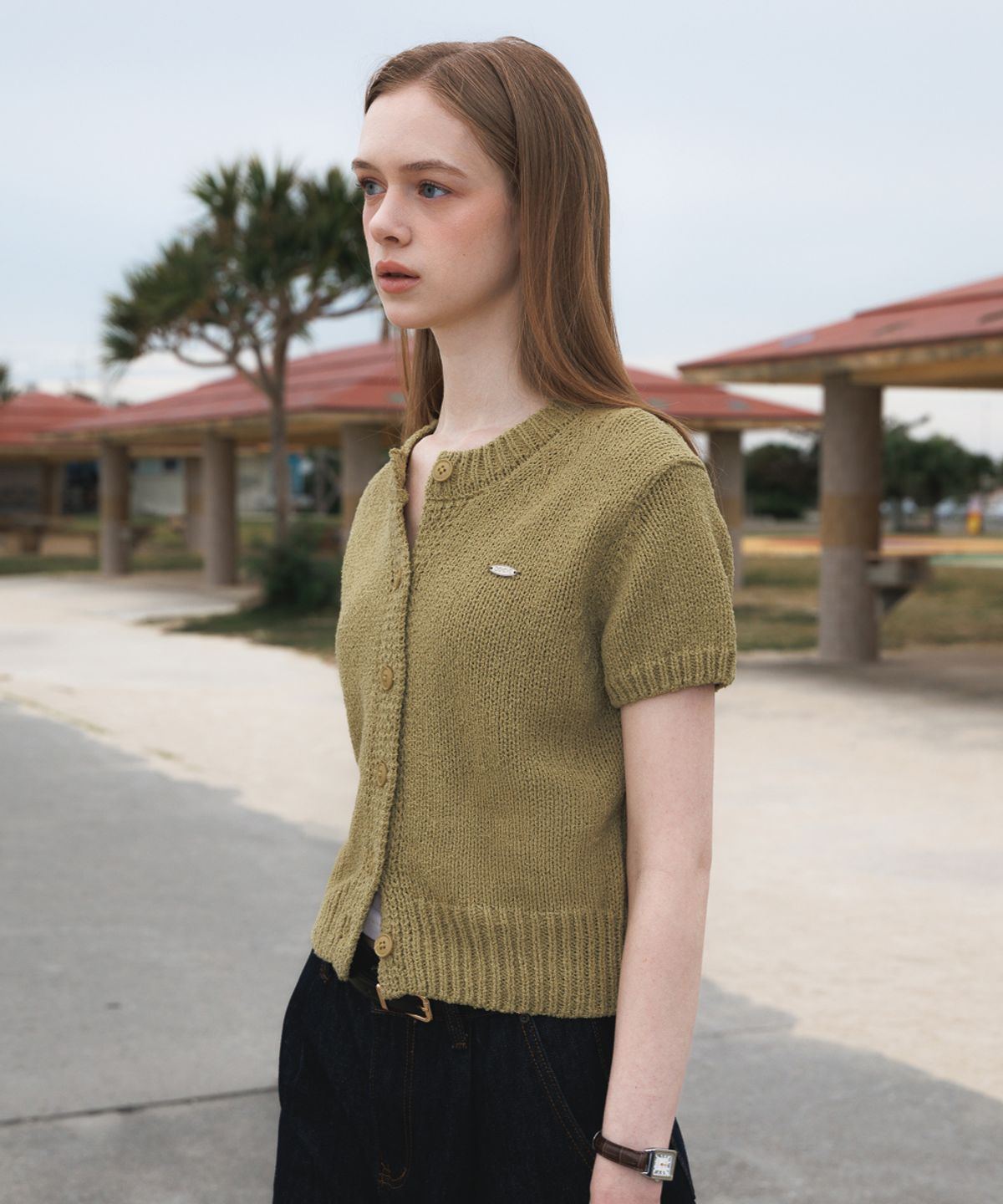 드헤베(DEHEVE) Boucle Short Sleeve Cardigan [Olive]