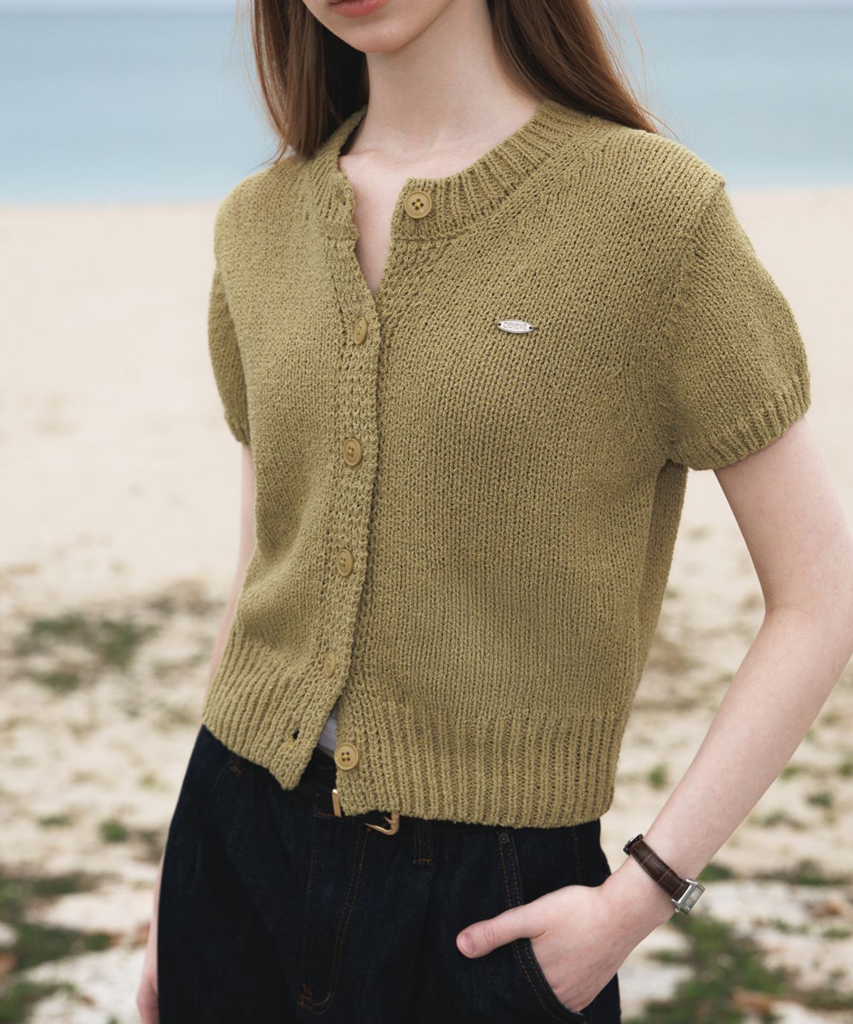드헤베(DEHEVE) Boucle Short Sleeve Cardigan [Olive]