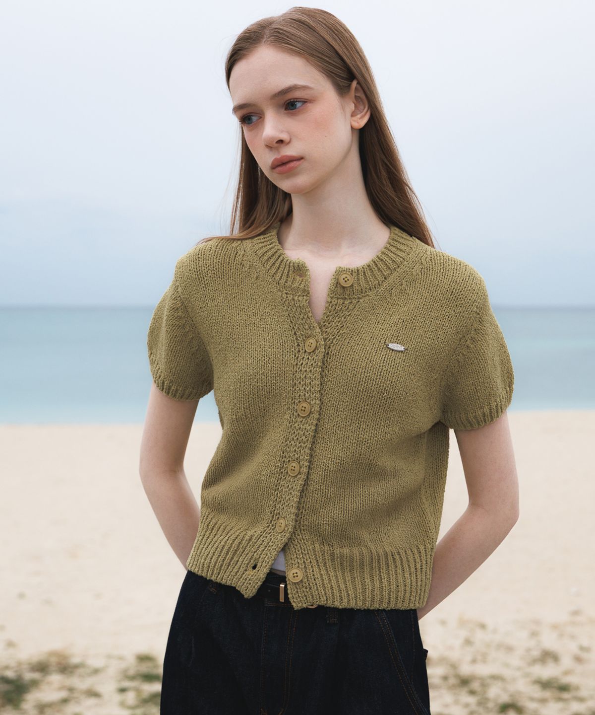 드헤베(DEHEVE) Boucle Short Sleeve Cardigan [Olive]