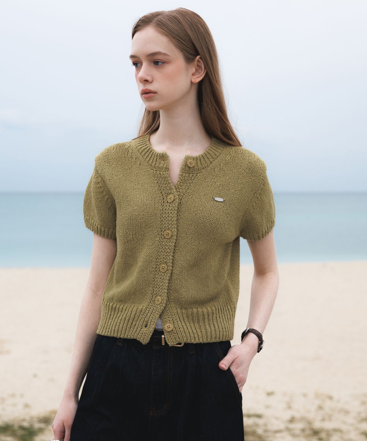 드헤베(DEHEVE) Boucle Short Sleeve Cardigan [Olive]