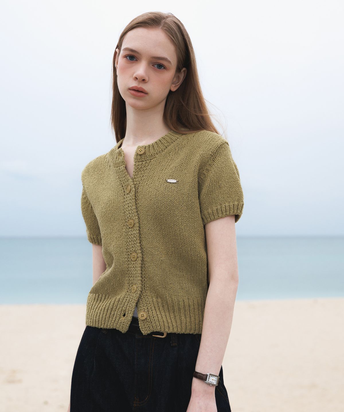 드헤베(DEHEVE) Boucle Short Sleeve Cardigan [Olive]
