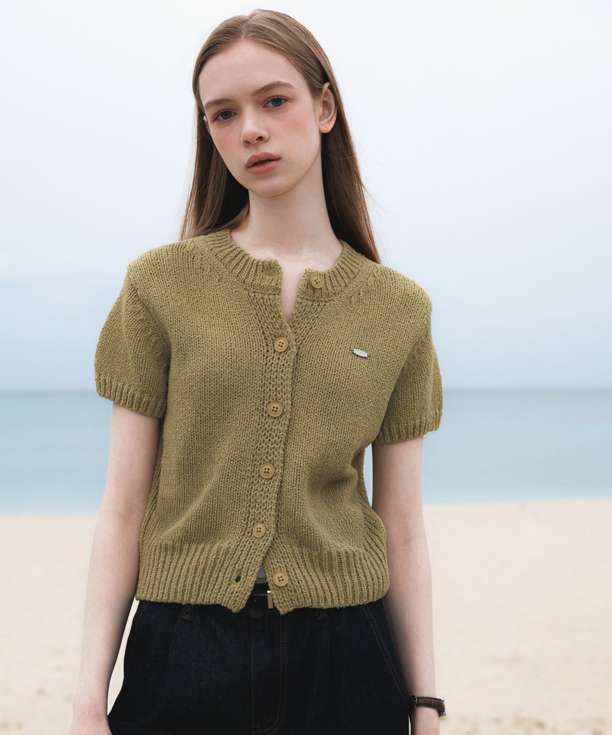 드헤베(DEHEVE) Boucle Short Sleeve Cardigan [Olive]
