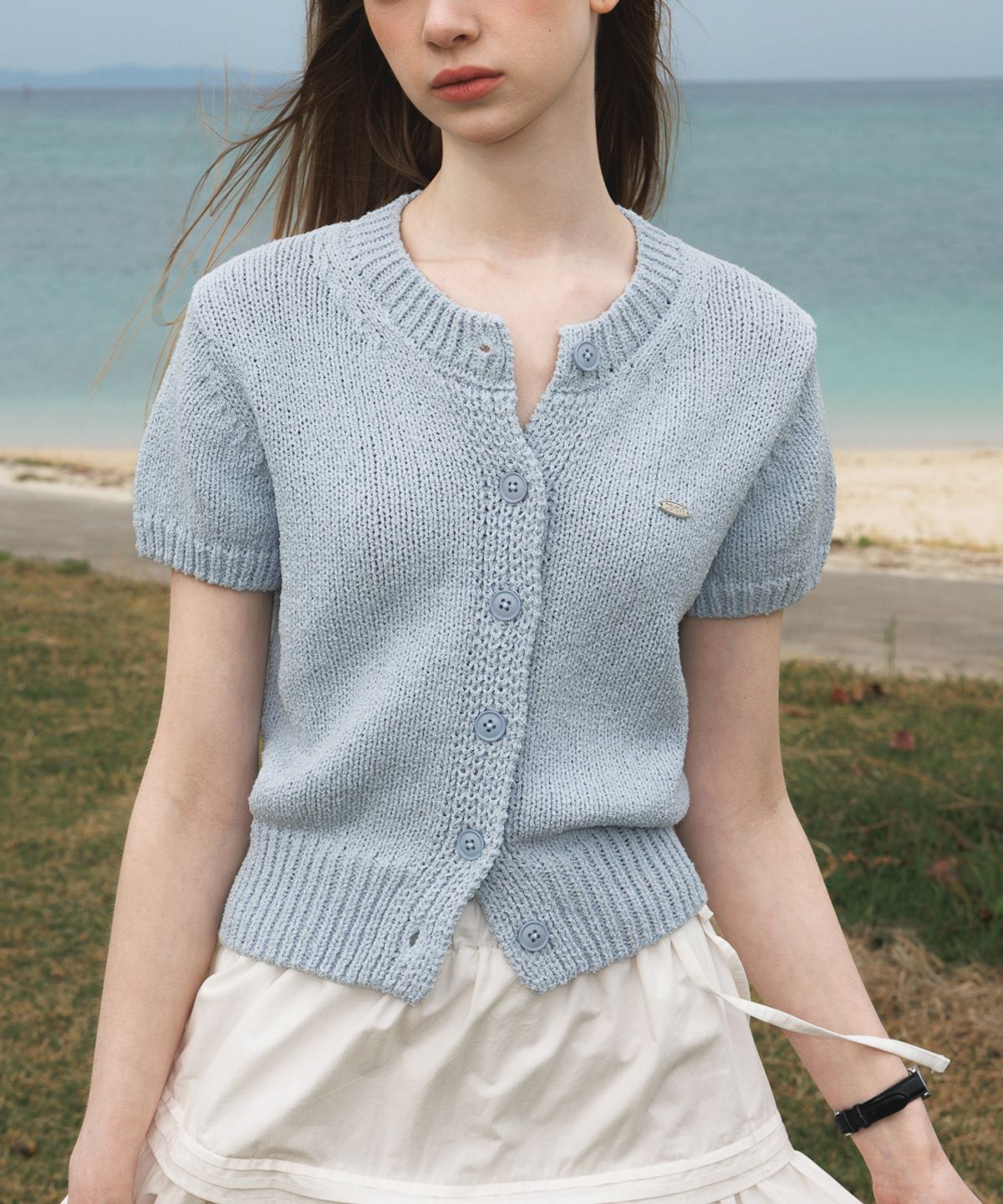 드헤베(DEHEVE) Boucle Short Sleeve Cardigan [Sky Blue]