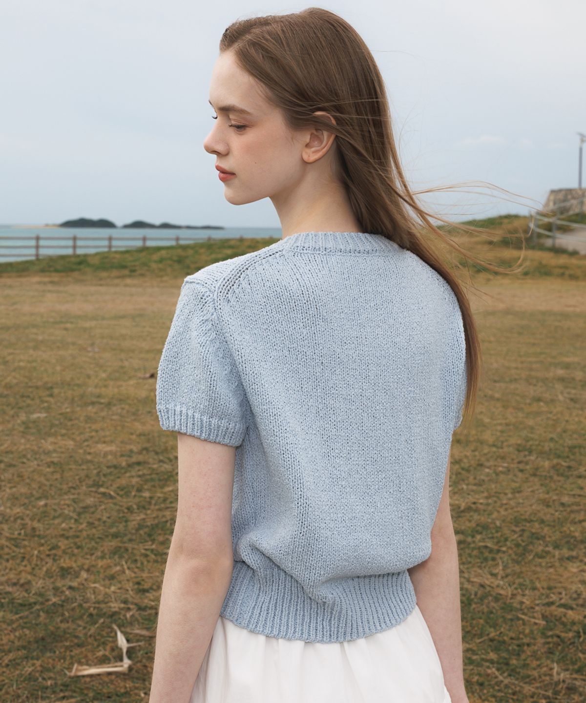 드헤베(DEHEVE) Boucle Short Sleeve Cardigan [Sky Blue]