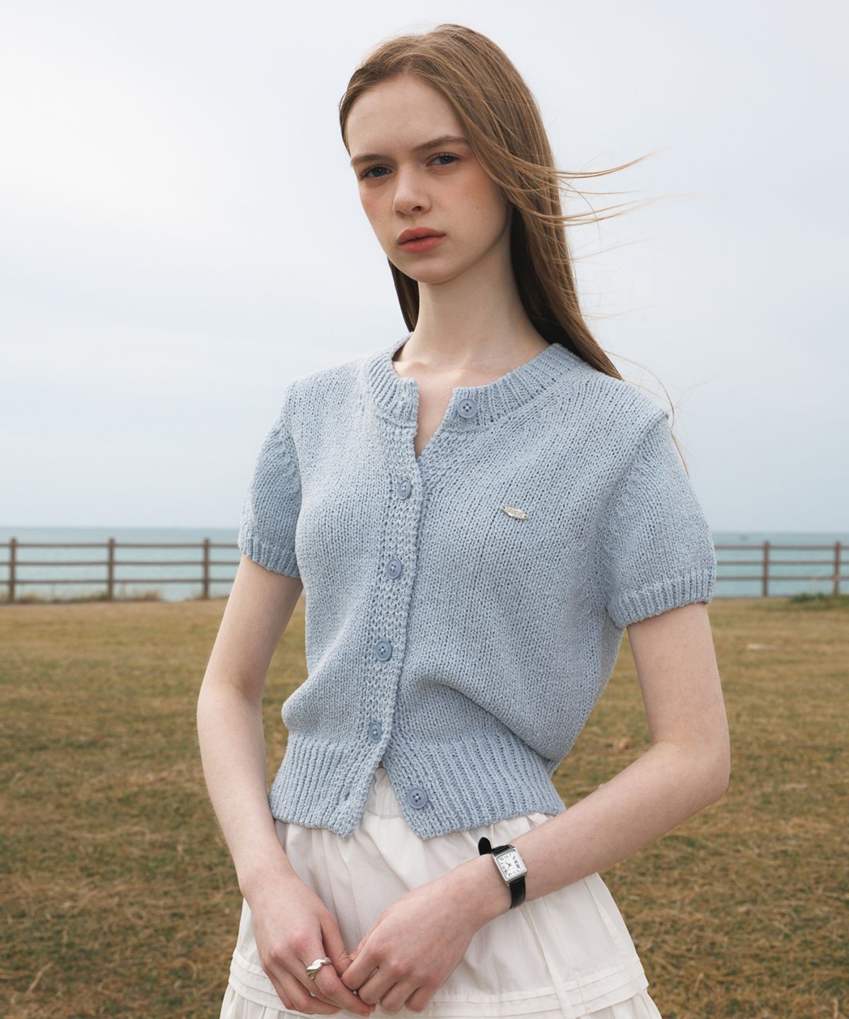 드헤베(DEHEVE) Boucle Short Sleeve Cardigan [Sky Blue]