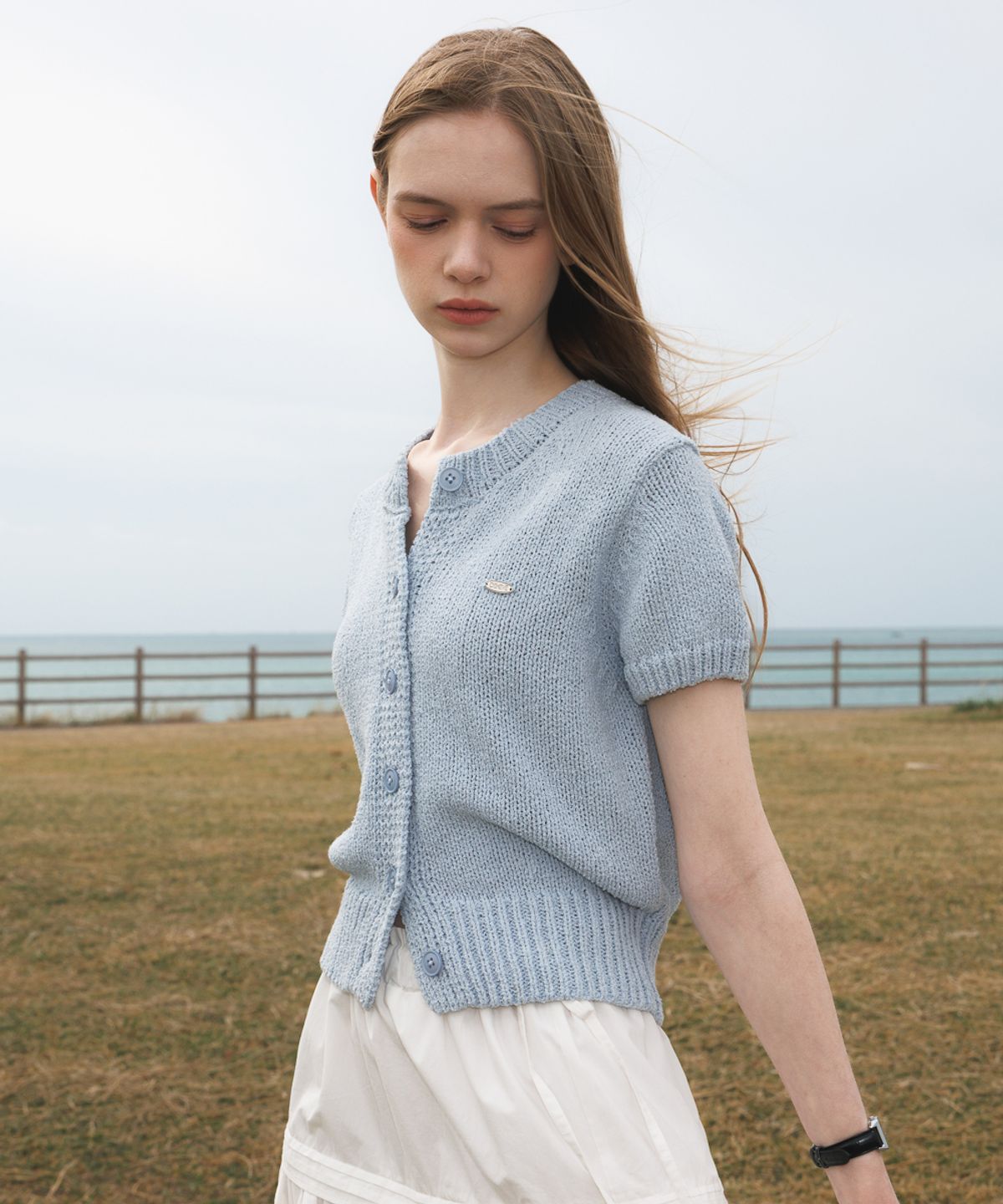 드헤베(DEHEVE) Boucle Short Sleeve Cardigan [Sky Blue]