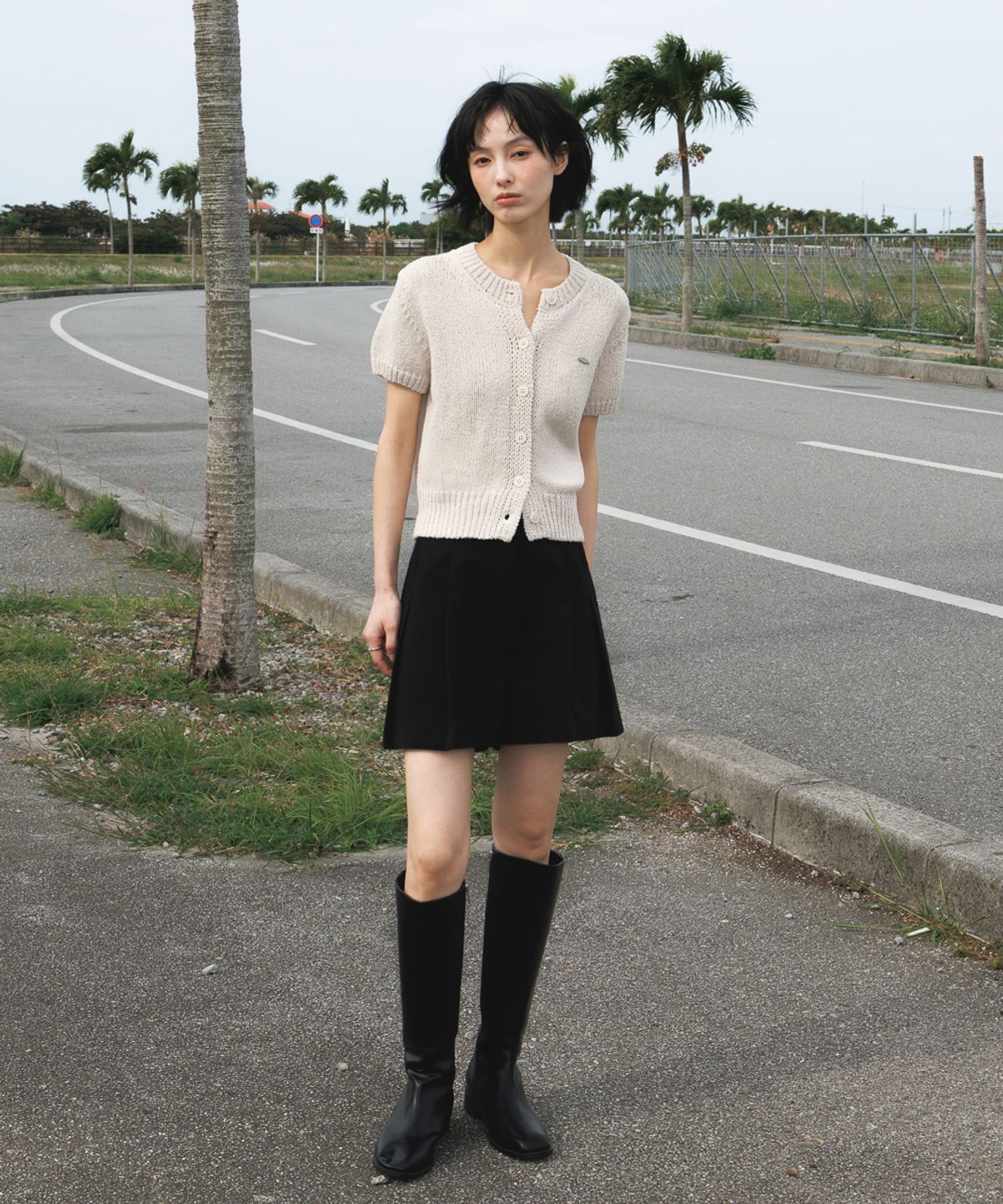 드헤베(DEHEVE) Boucle Short Sleeve Cardigan [Ivory]