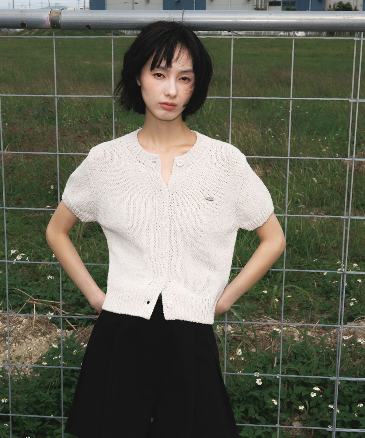 드헤베(DEHEVE) Boucle Short Sleeve Cardigan [Ivory]