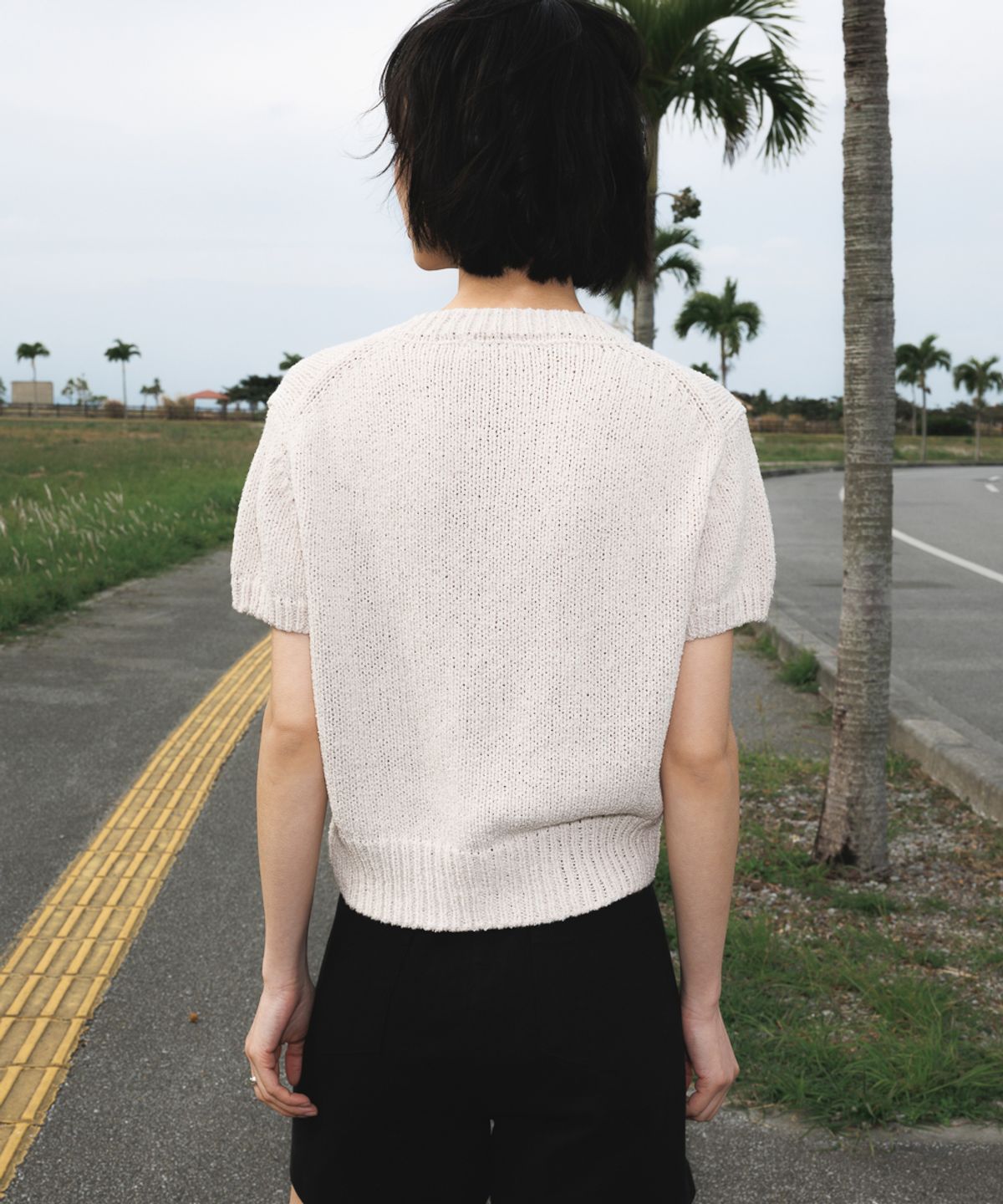 드헤베(DEHEVE) Boucle Short Sleeve Cardigan [Ivory]