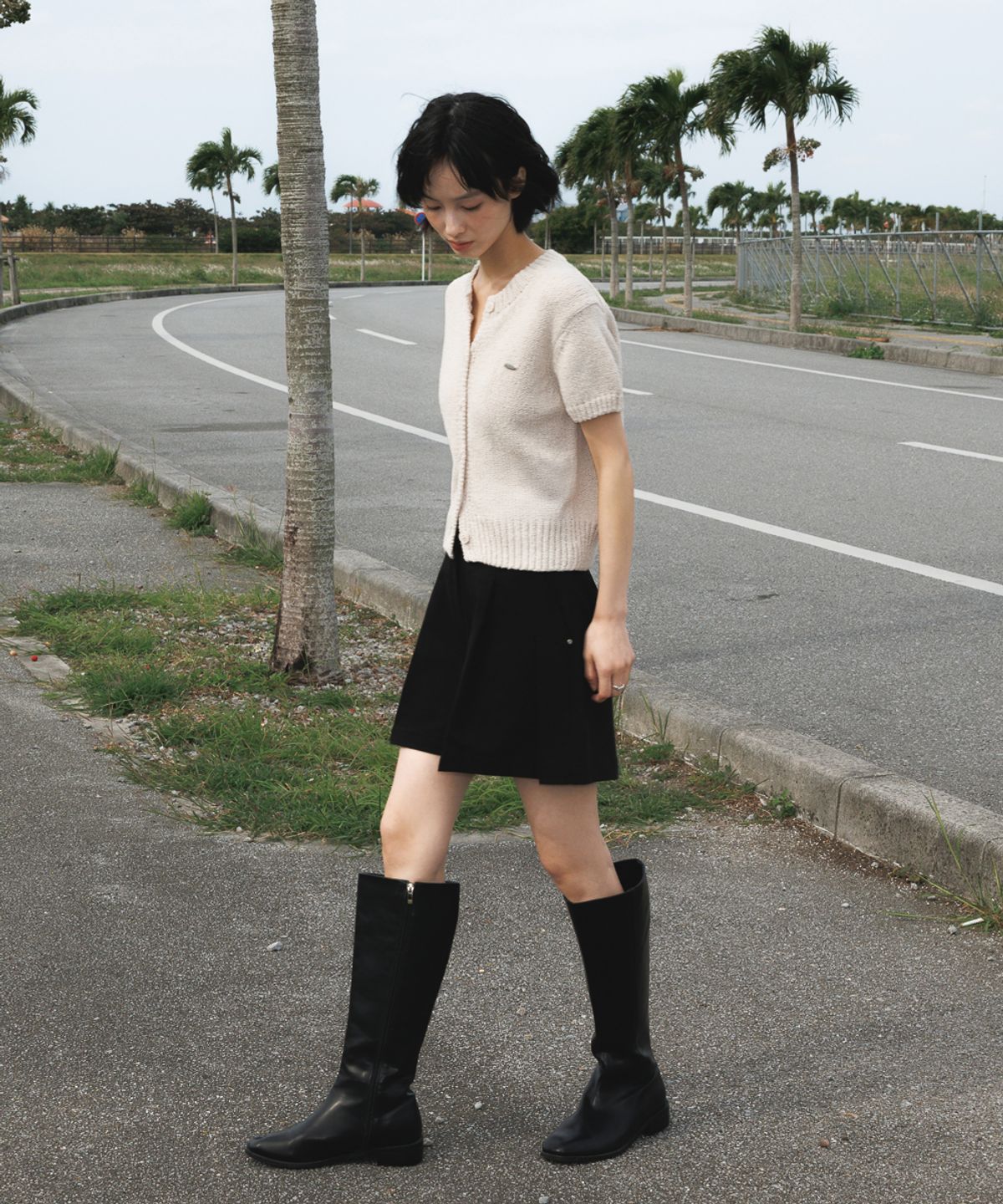 드헤베(DEHEVE) Boucle Short Sleeve Cardigan [Ivory]