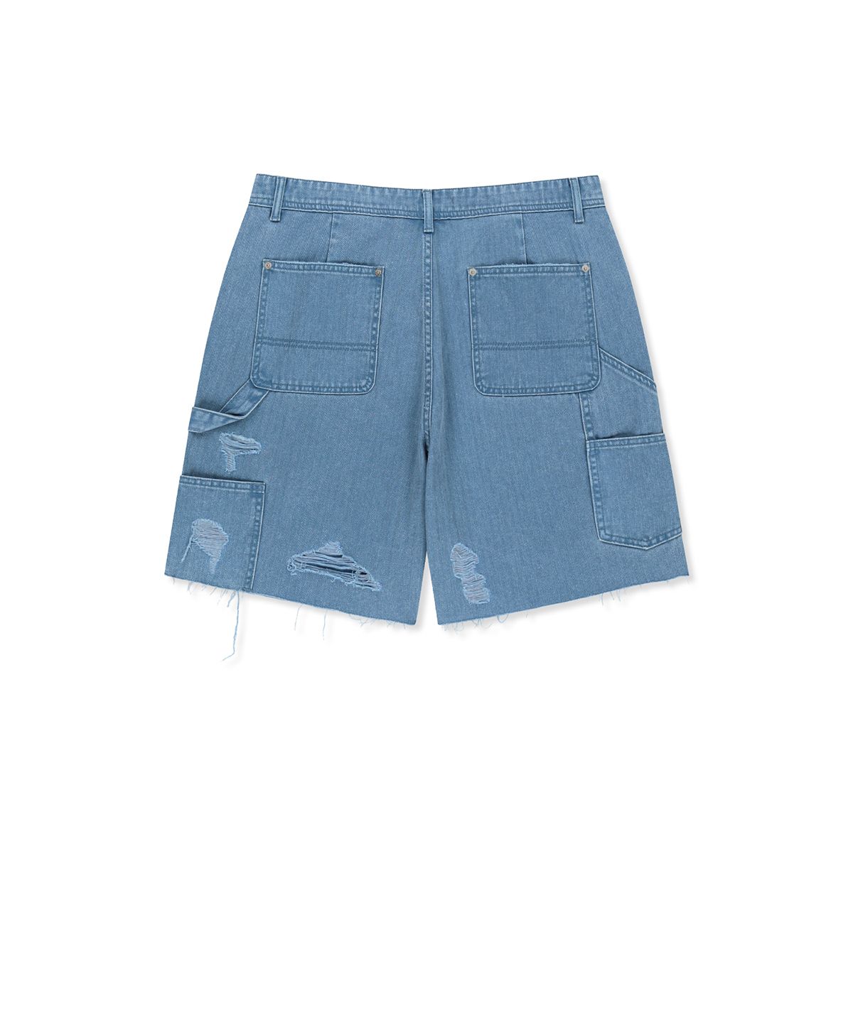 마뗑킴(MATIN KIM) HERINGBONE RAW CUT DENIM SHORTS IN LIGHT BLUE