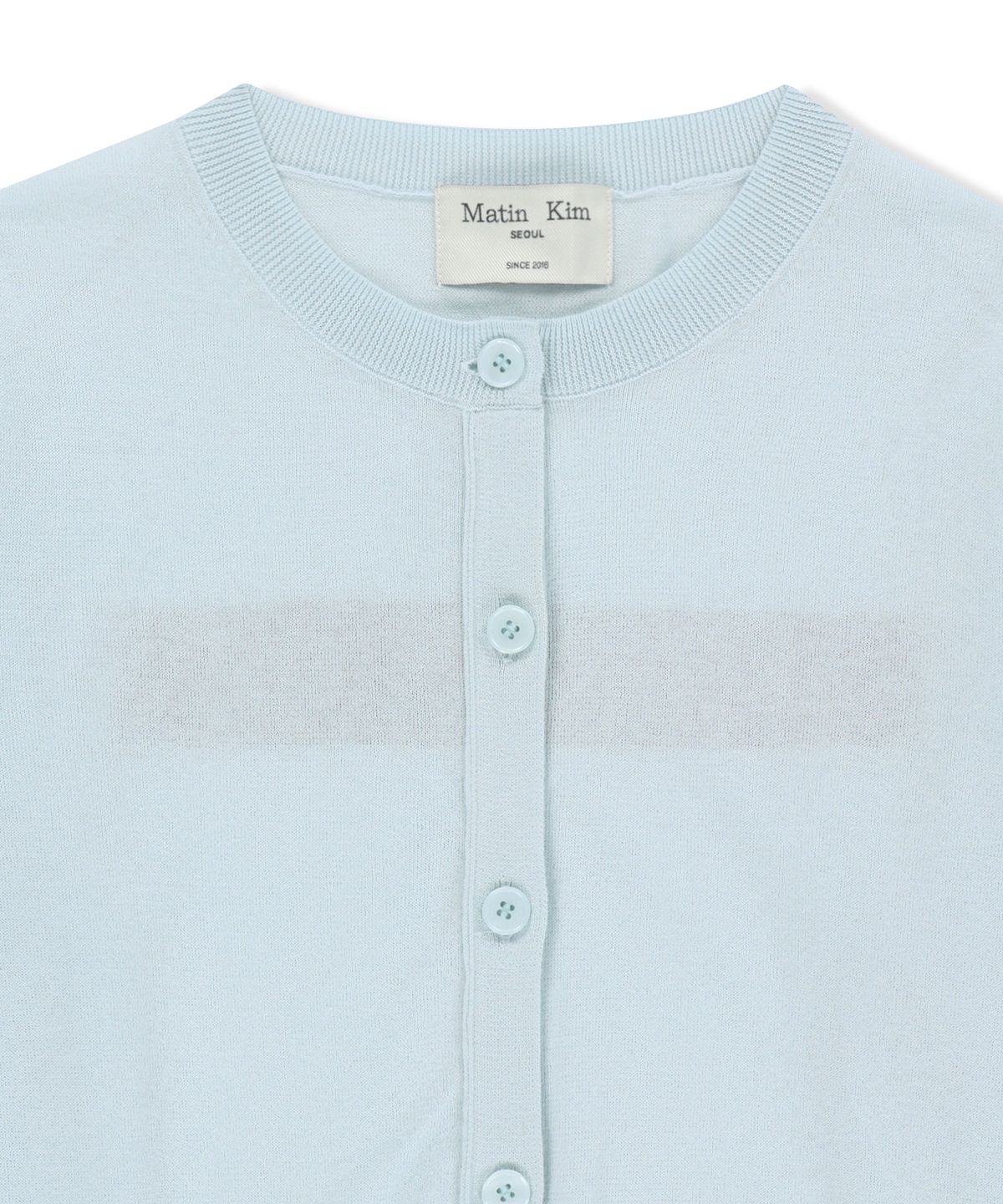 마뗑킴(MATIN KIM) BACK LOGO SHEER CARDIGAN FOR WOMEN IN LIGHT BLUE