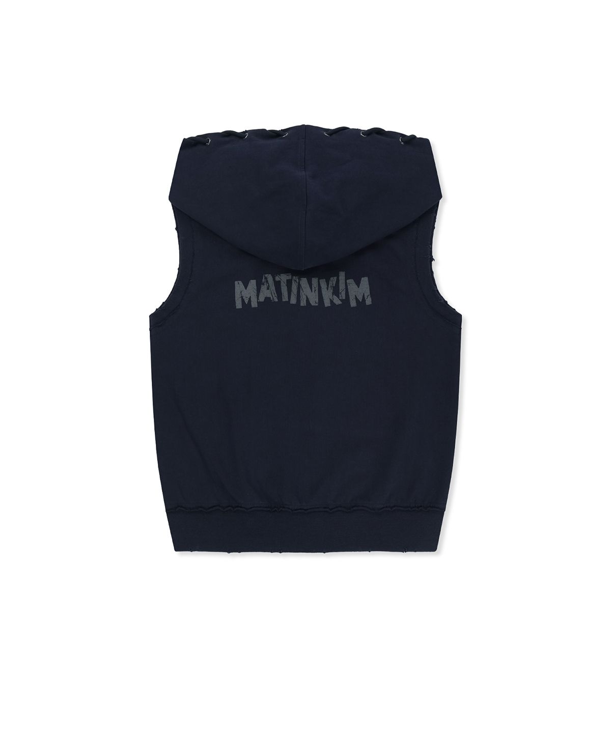 마뗑킴(MATIN KIM) BACK LOGO JERSEY HOOD VEST IN NAVY