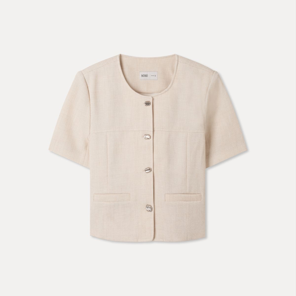미쏘(MIXXO) 변형단추 트위드 반팔자켓