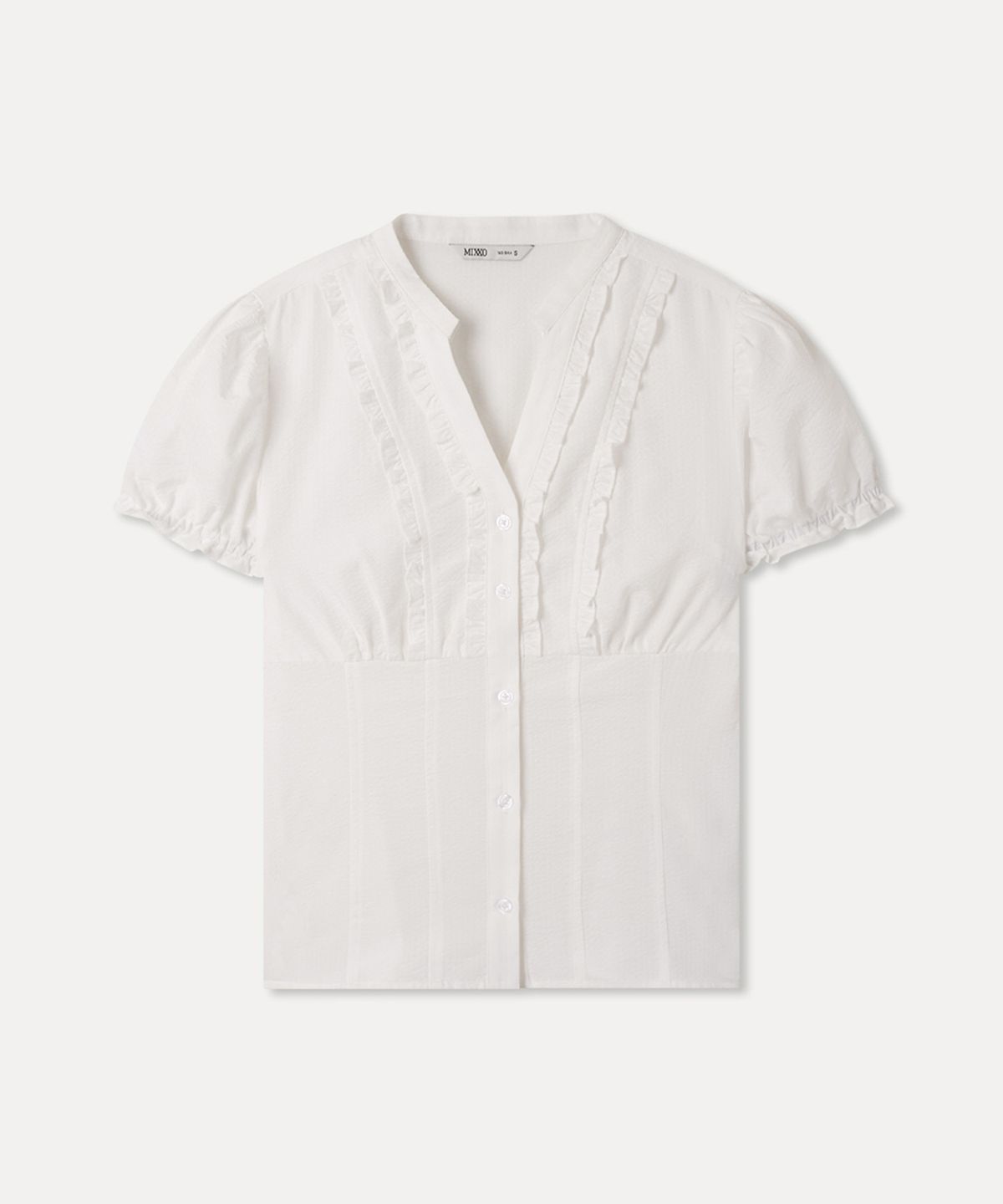 미쏘(MIXXO) 브이넥 프릴 셔츠_MIWYAG609G