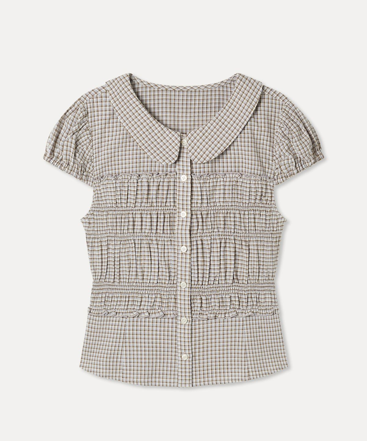 미쏘(MIXXO) 둥근카라 셔링 셔츠_MIWYAG619G