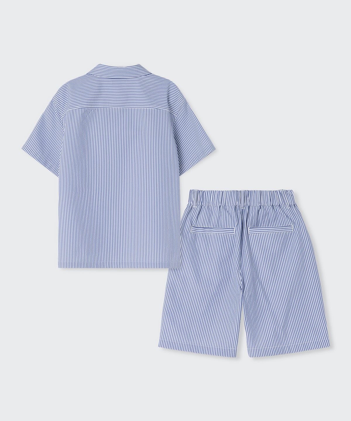 무신사 스탠다드 키즈(MUSINSA STANDARD KIDS) 스트라이프 오버사이즈 시어서커 셔츠 & 스트라이프 와이드 시어서커 밴딩 쇼츠 셋업 [네이비 스트라이프]