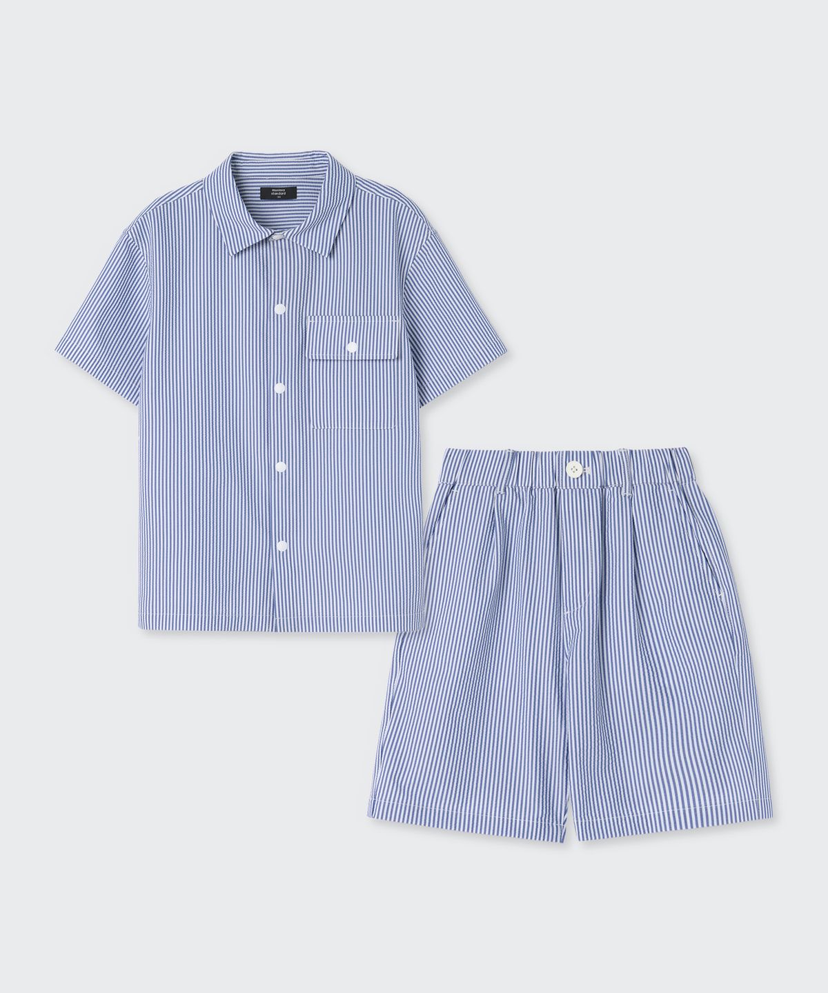 무신사 스탠다드 키즈(MUSINSA STANDARD KIDS) 스트라이프 오버사이즈 시어서커 셔츠 & 스트라이프 와이드 시어서커 밴딩 쇼츠 셋업 [네이비 스트라이프]