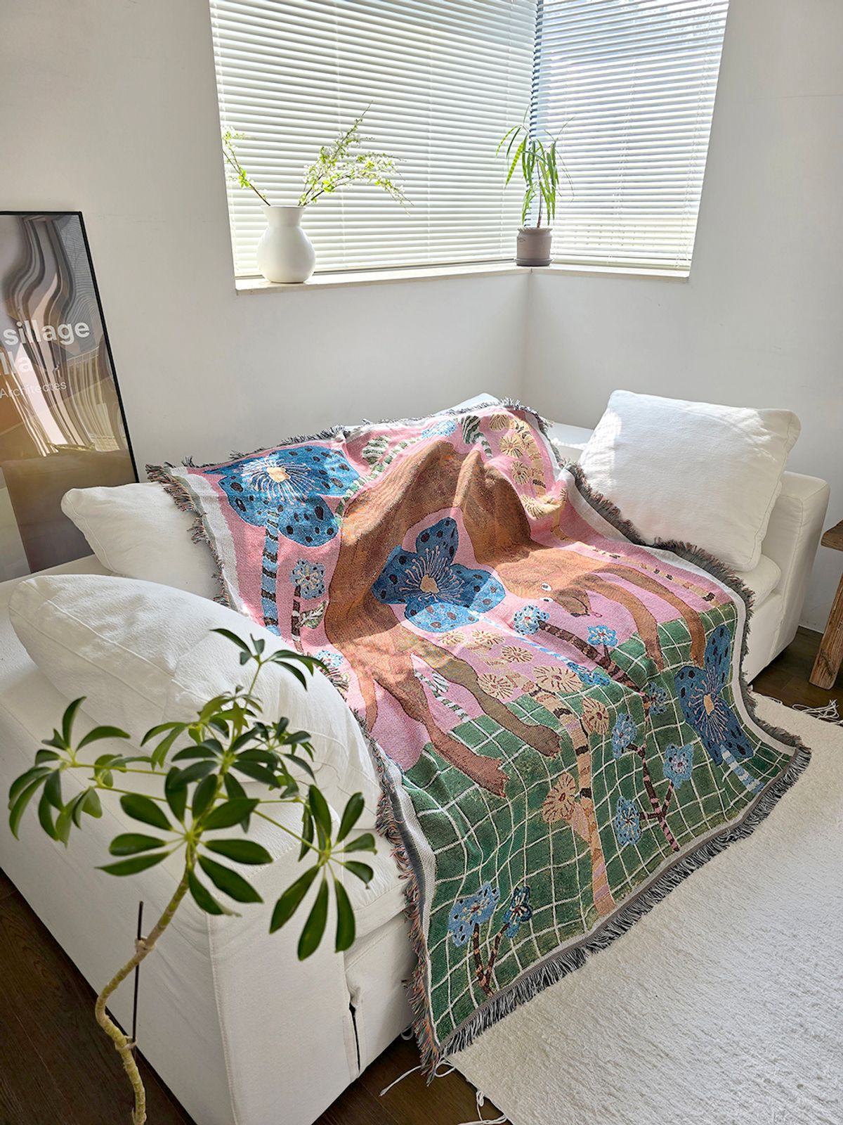 블랑쉬하우스(BLANCHE HOUSE) 블랑쉬 애니멀 플라워 직조 아트 블랭킷