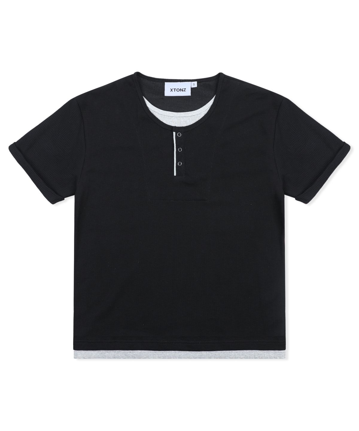 엑스톤즈(XTONZ) XTT158 레이어드 와플 헨리넥 티셔츠 (BLACK)