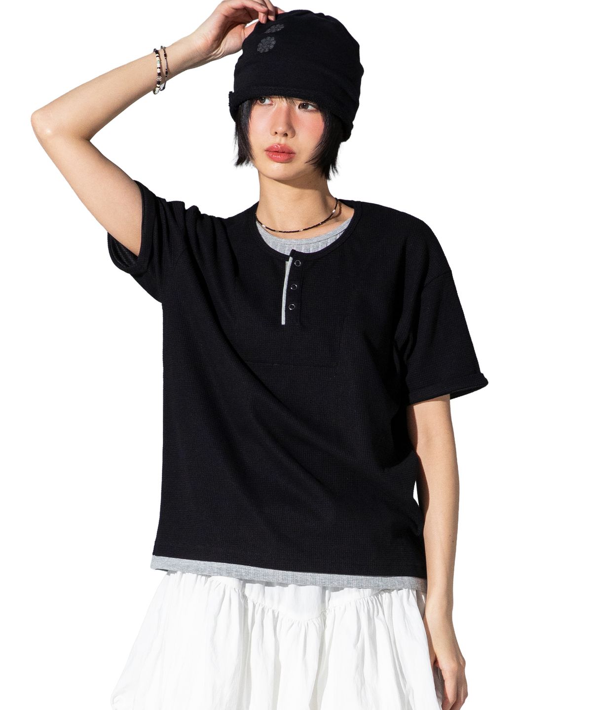 엑스톤즈(XTONZ) XTT158 레이어드 와플 헨리넥 티셔츠 (BLACK)