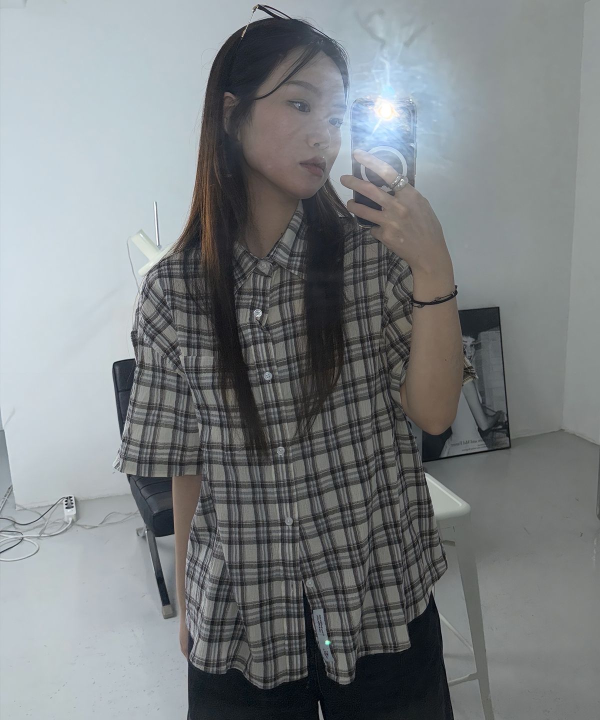 오닐(ONEILL) 빈티지 체크 반팔 셔츠_브라운
