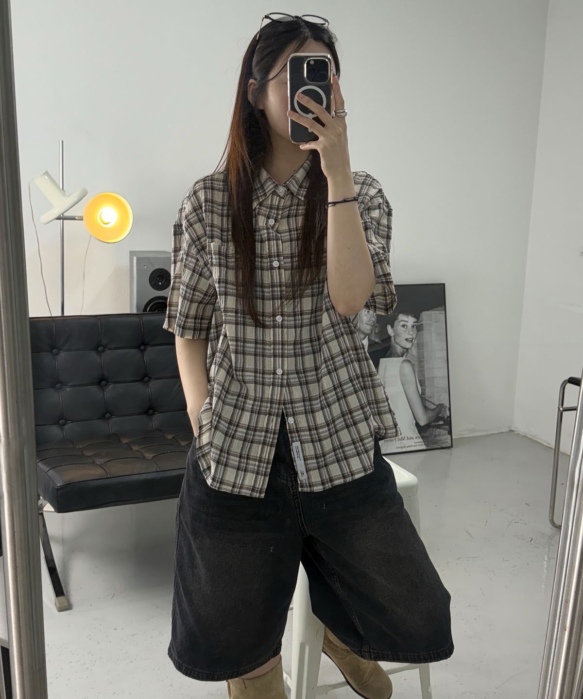 오닐(ONEILL) 빈티지 체크 반팔 셔츠_브라운