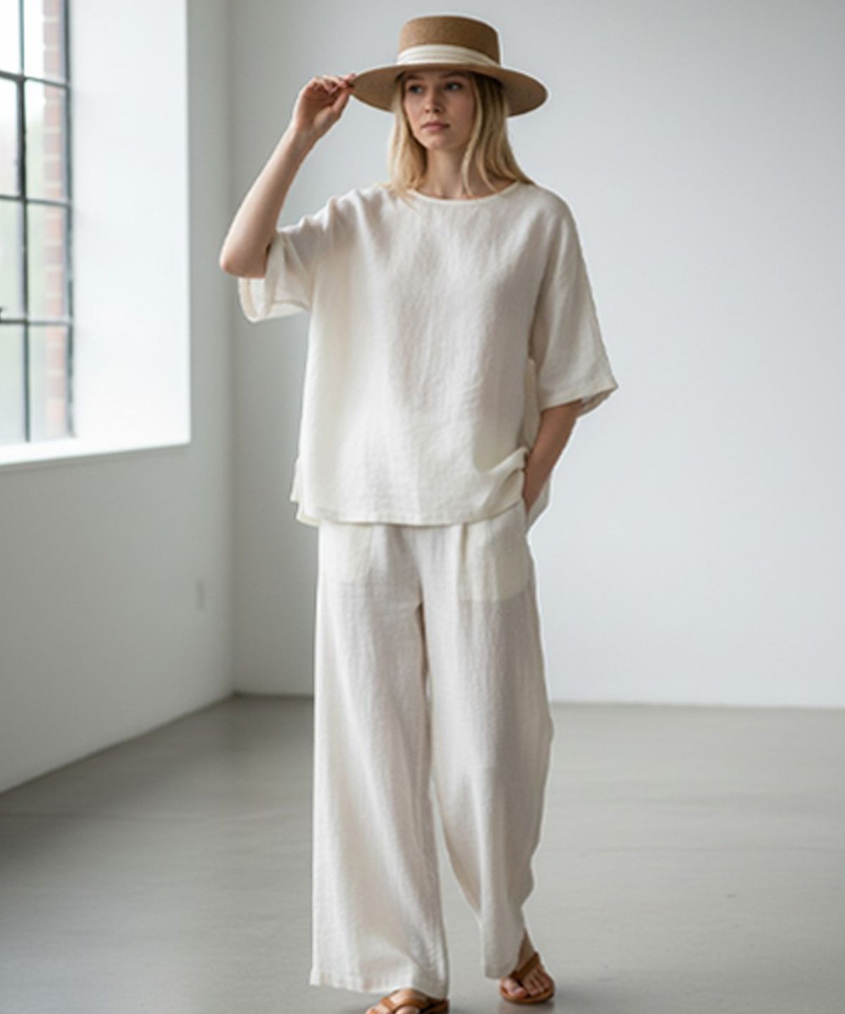 유니버셜 케미스트리(UNIVERSAL CHEMISTRY) Sweet BG line Beige Panama Hat 파나마햇
