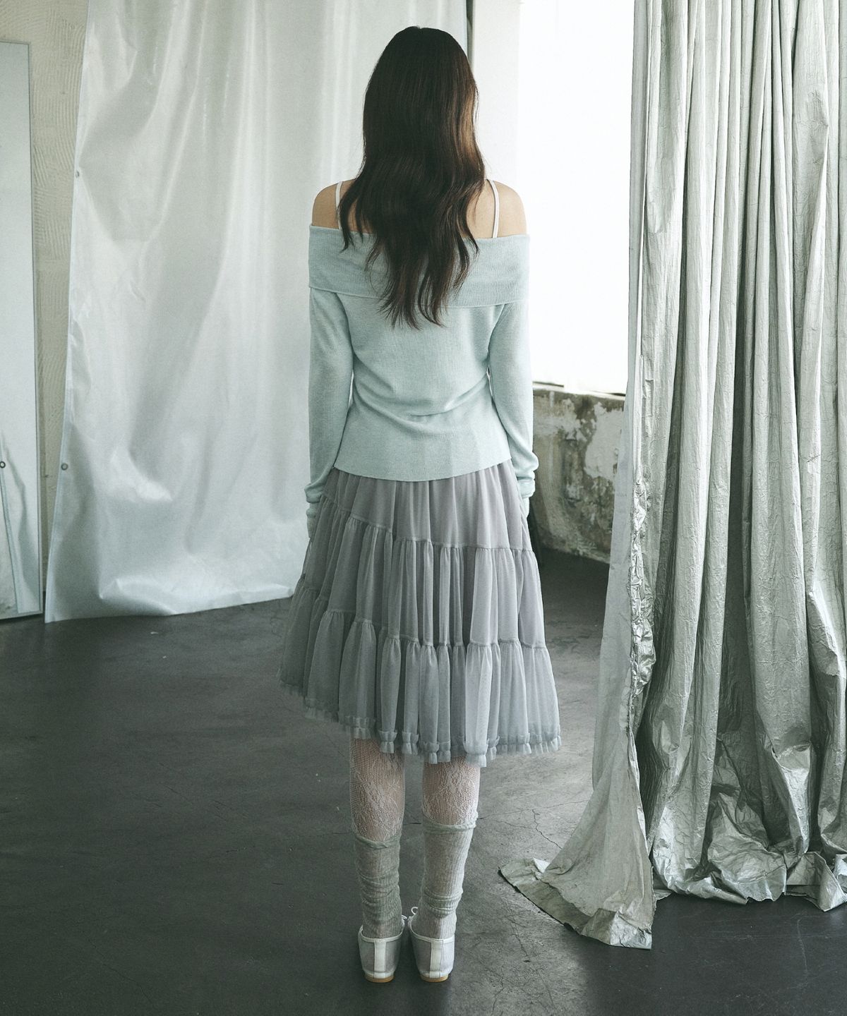 닉앤니콜(NICK&NICOLE) TIERED SHEER LONG SKIRT_GRAY