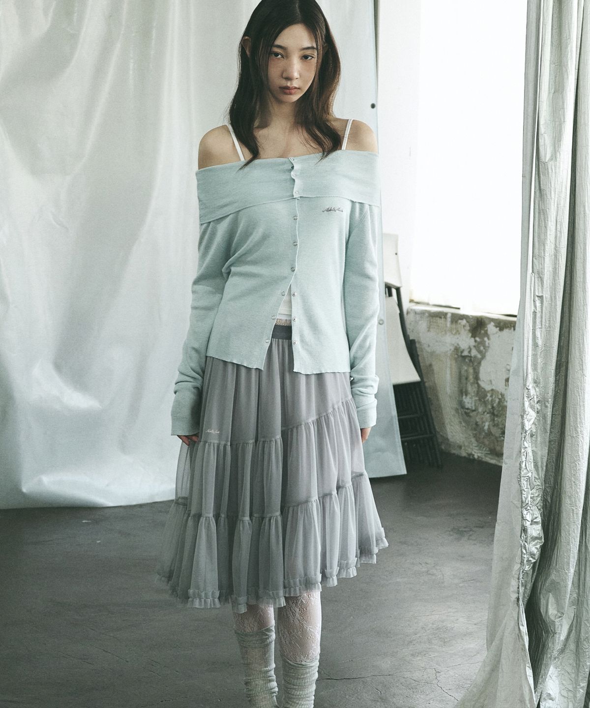 닉앤니콜(NICK&NICOLE) TIERED SHEER LONG SKIRT_GRAY