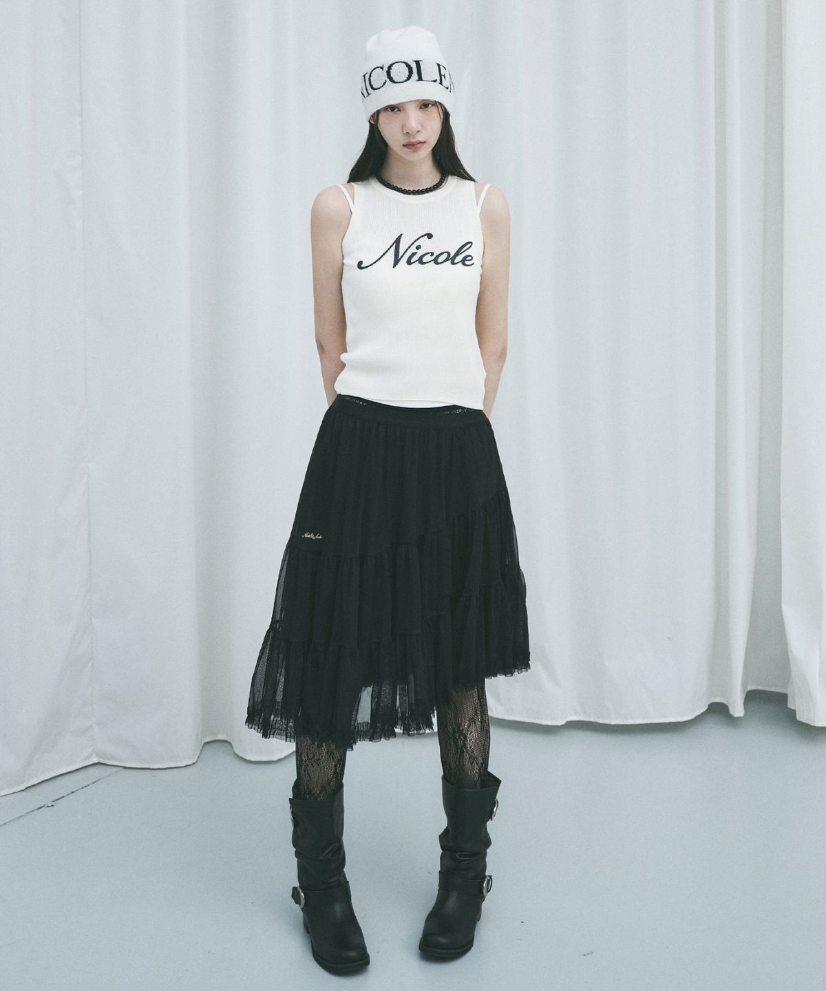 닉앤니콜(NICK&NICOLE) TIERED SHEER LONG SKIRT_BLACK