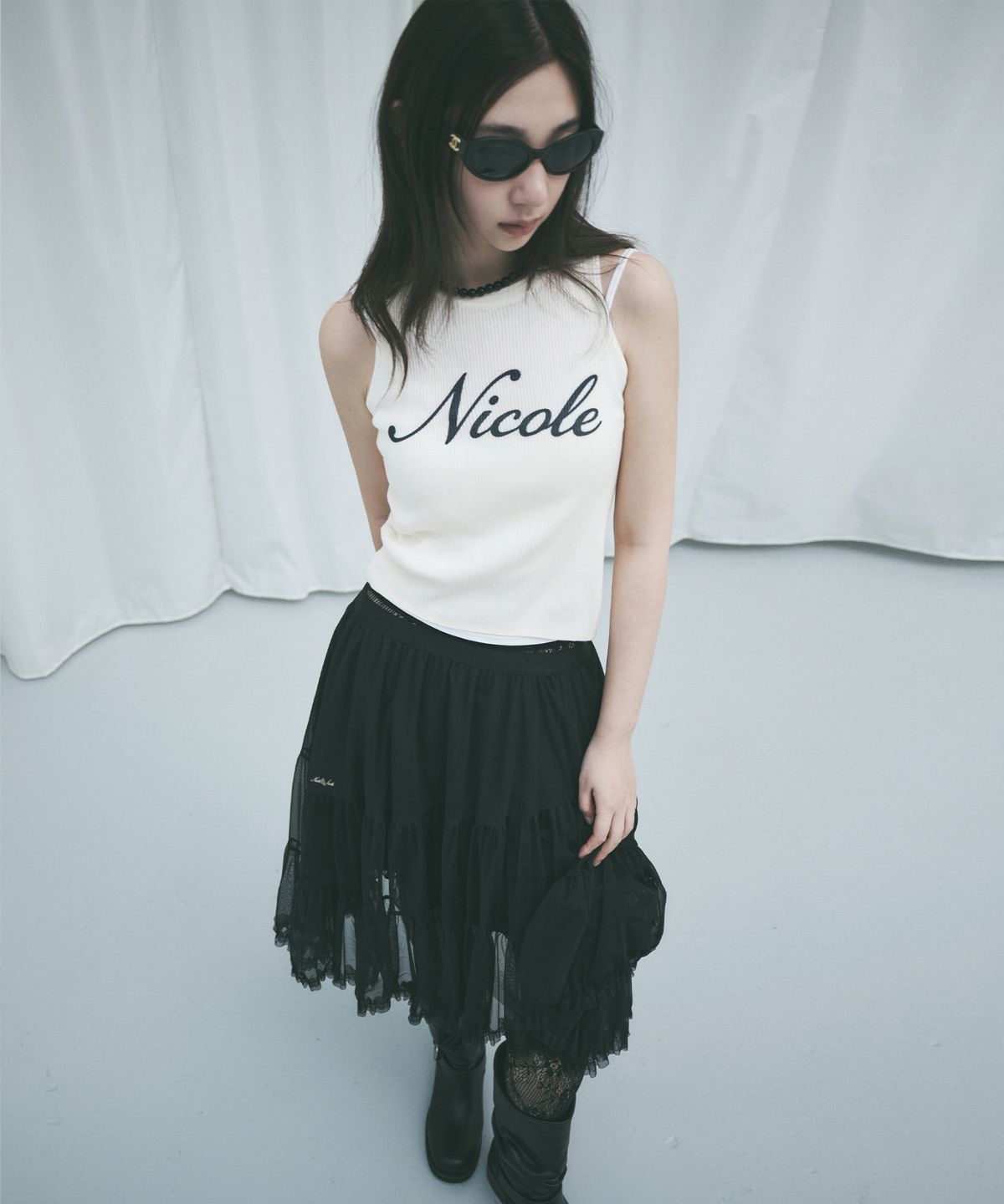 닉앤니콜(NICK&NICOLE) TIERED SHEER LONG SKIRT_BLACK