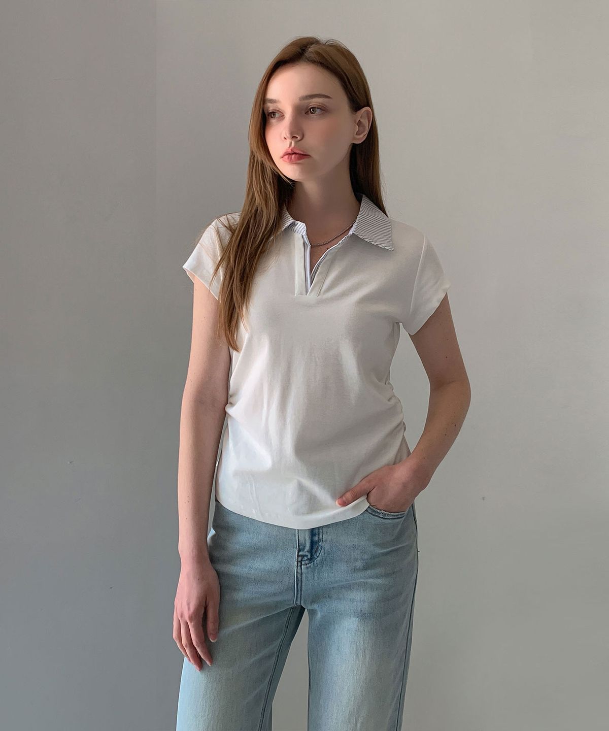 바스카라(VASCARA) Stripe Collar Shirring Short Sleeved T-Shirt (3colors)