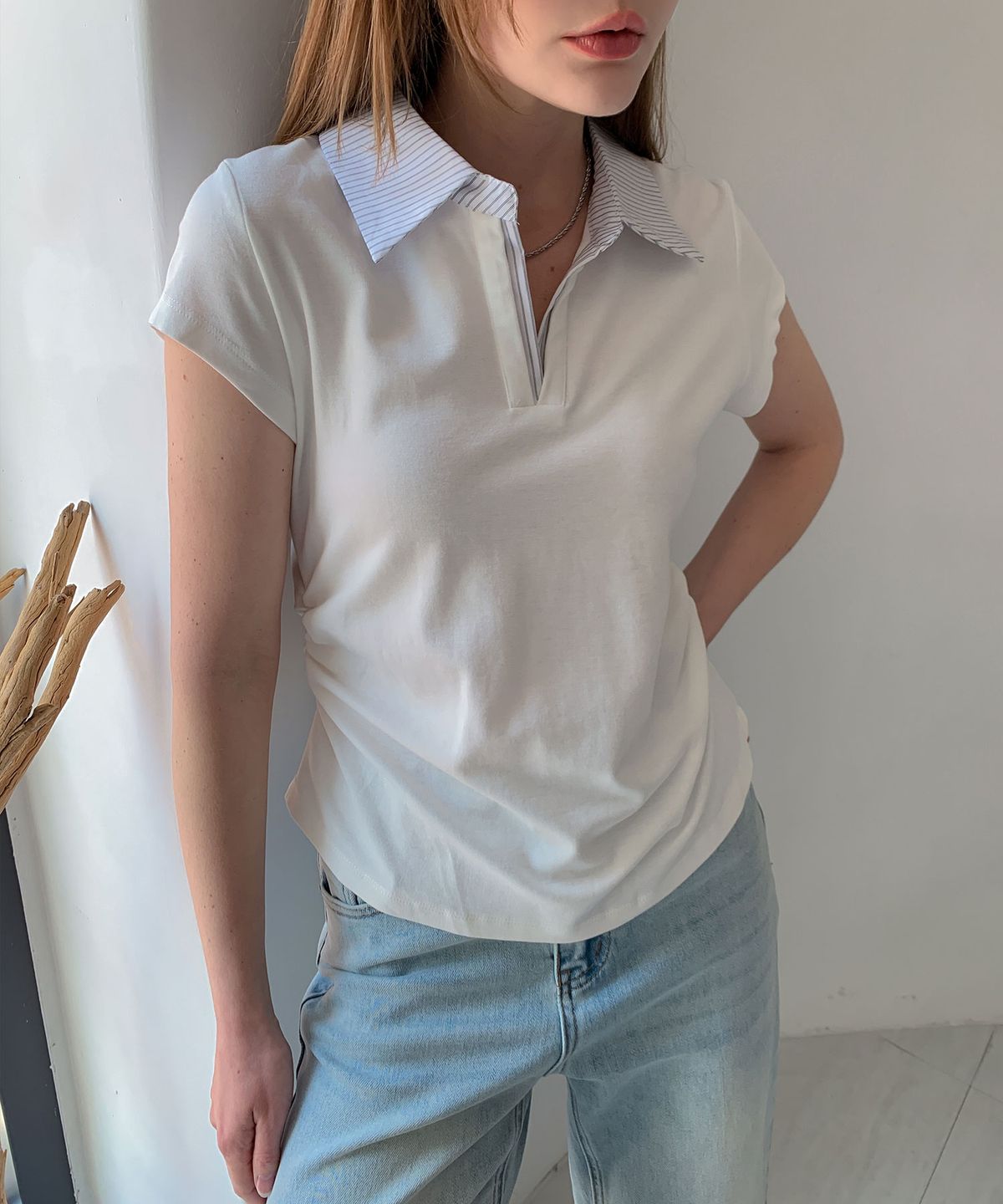 바스카라(VASCARA) Stripe Collar Shirring Short Sleeved T-Shirt (3colors)