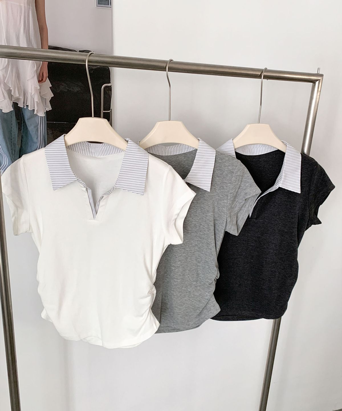 바스카라(VASCARA) Stripe Collar Shirring Short Sleeved T-Shirt (3colors)