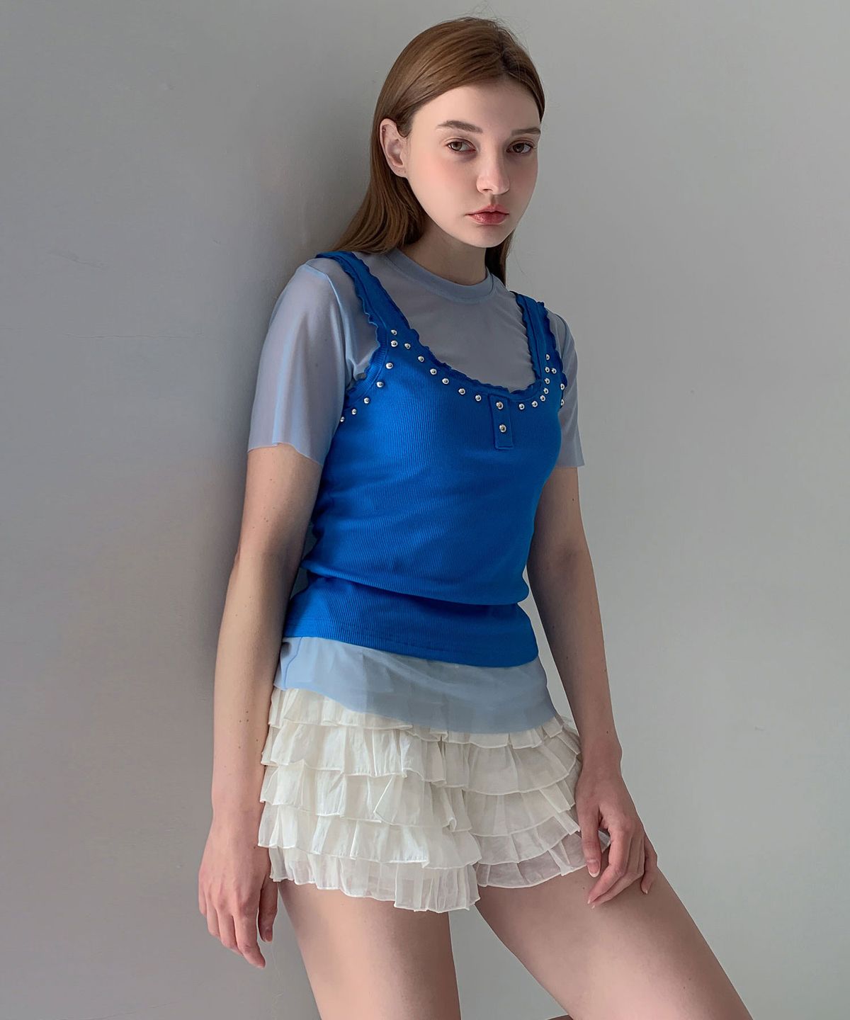 바스카라(VASCARA) Stud Layer Sheer Short Sleeve T-shirt (4colors)