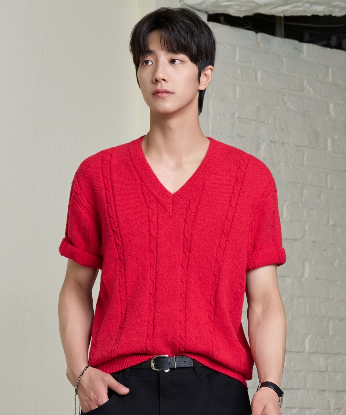 효지(HYOJI) 26 SS 워셔블 케이블 브이넥 크롭 니트 (6컬러)