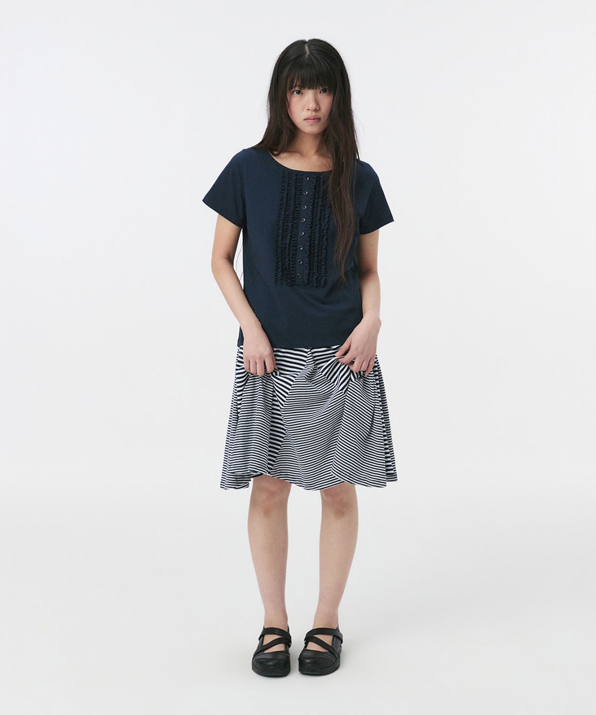 오헤시오(OHESHIO) STRIPE FLARE MIDI SKIRT, NAVY