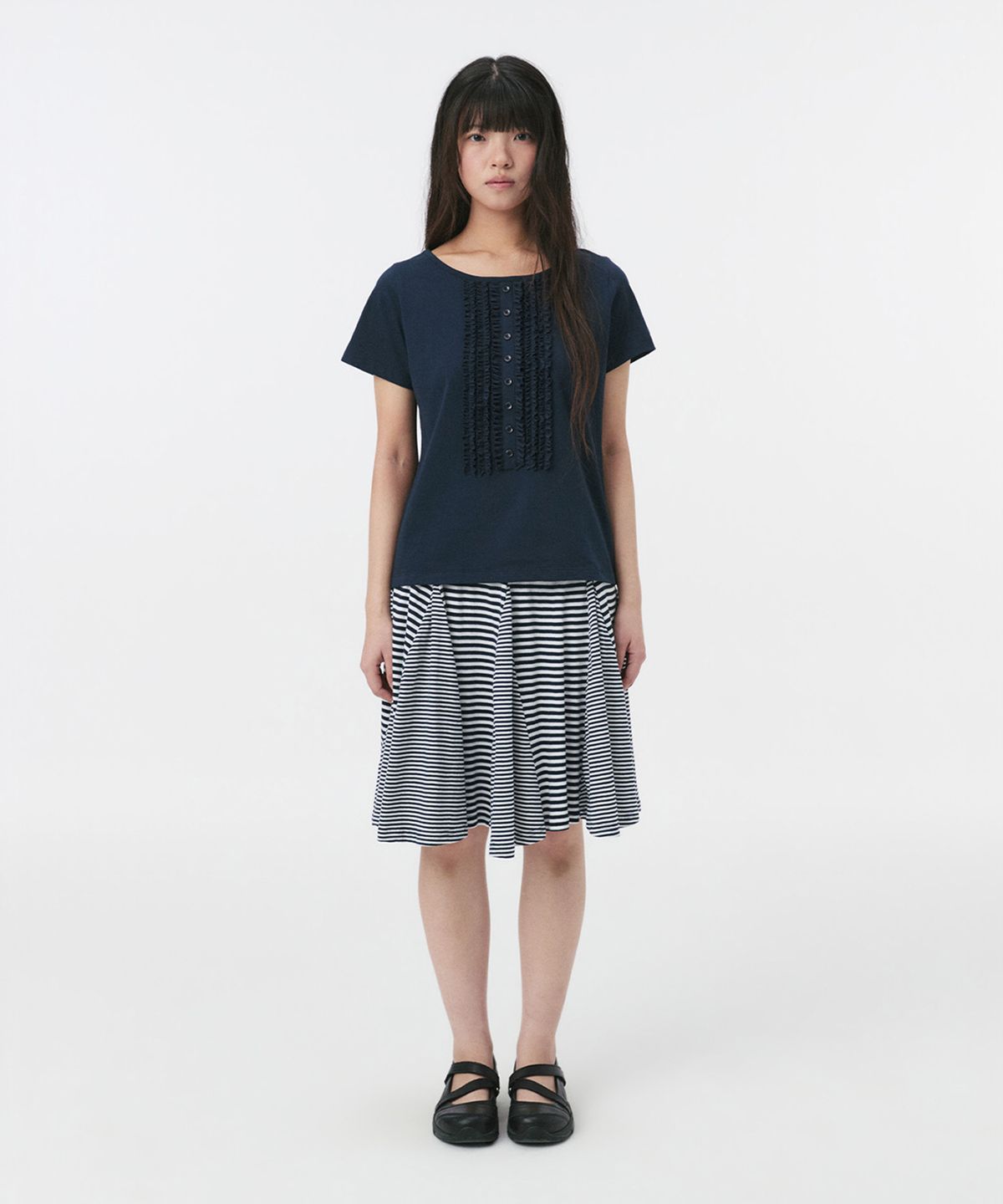 오헤시오(OHESHIO) STRIPE FLARE MIDI SKIRT, NAVY