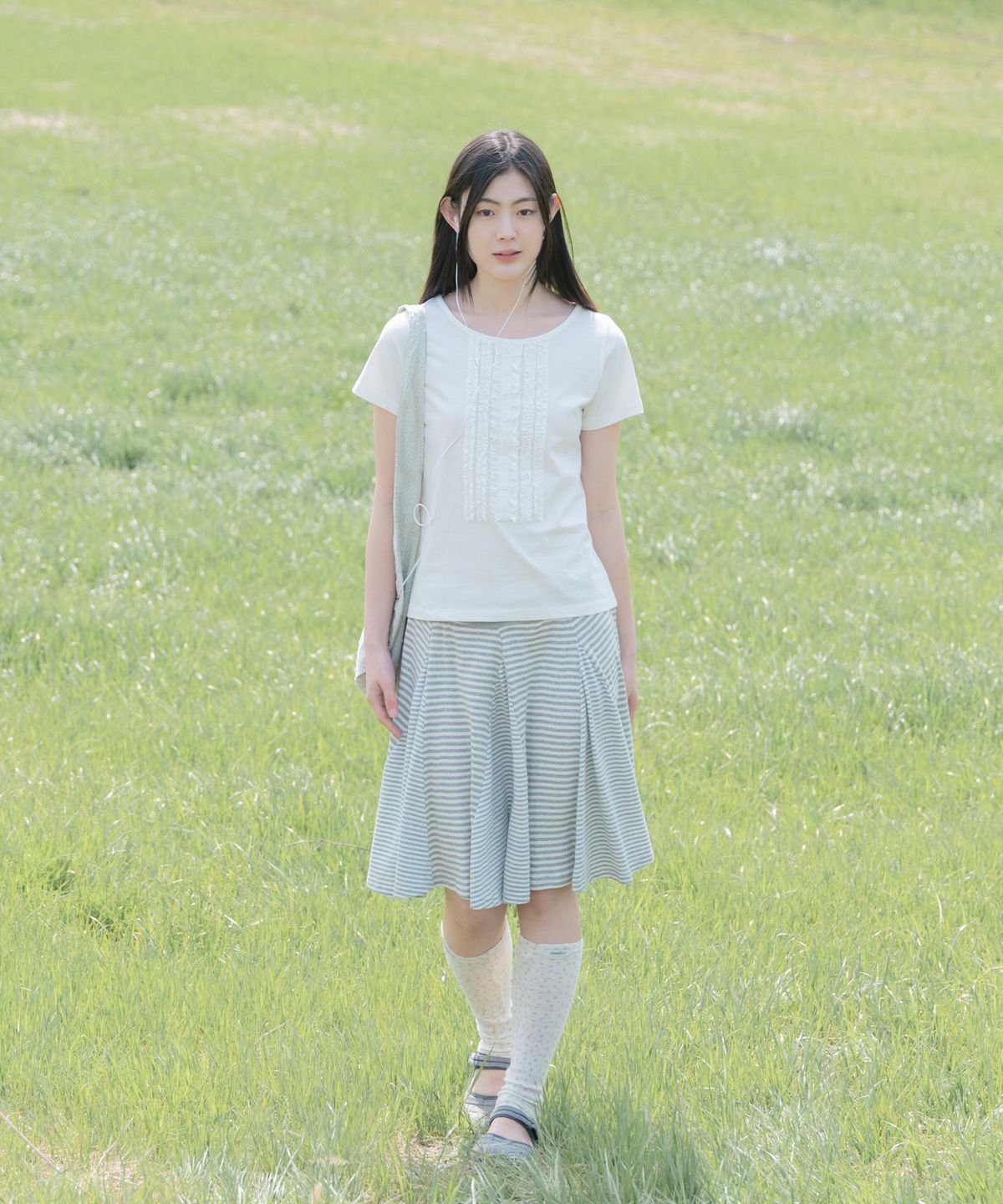 오헤시오(OHESHIO) STRIPE FLARE MIDI SKIRT, MELANGE GRAY