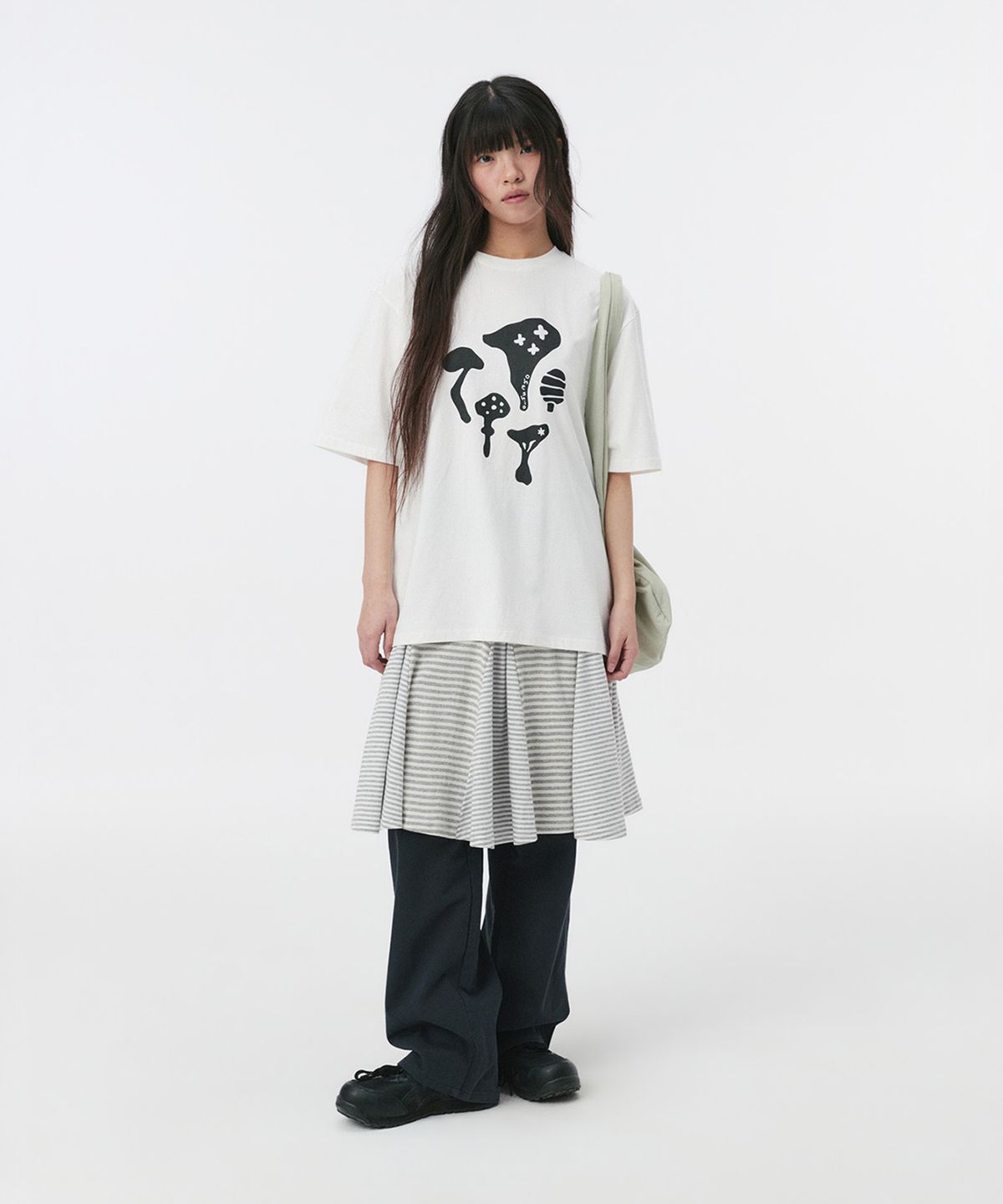 오헤시오(OHESHIO) STRIPE FLARE MIDI SKIRT, MELANGE GRAY